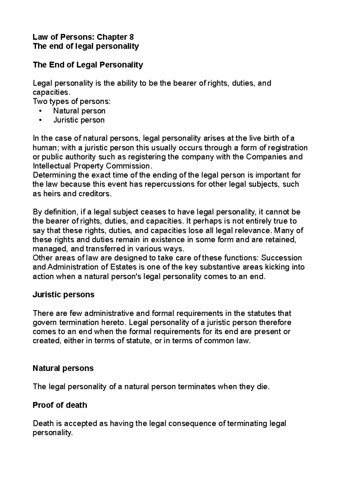 JLPV101: Chapter 8 - The End of Legal Personality Explained - Studocu