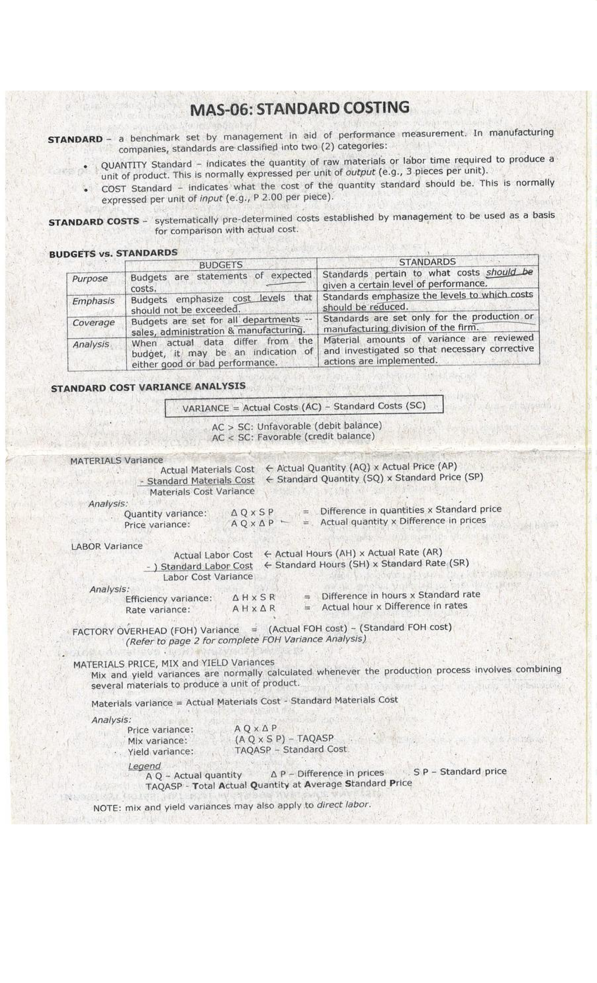 MAS - Comprehensive Standard Costing Study Notes - Studocu