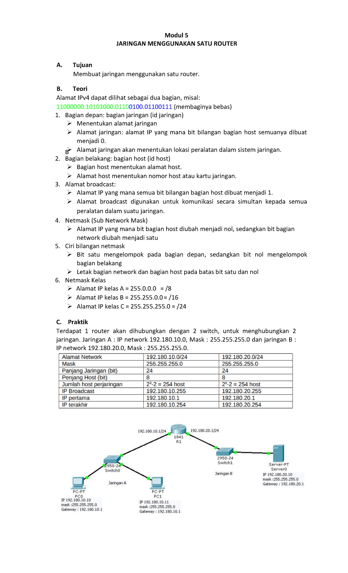Modul 5: Jaringan Komputer dengan Satu Router dan Konfigurasi IP - Studocu
