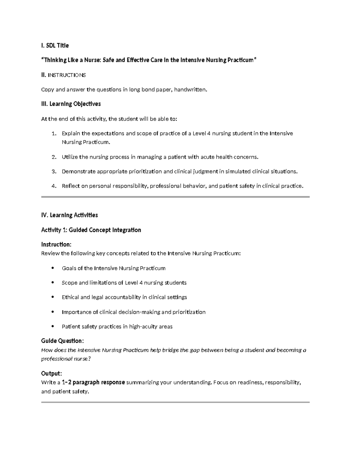 SDL: Intensive Nursing Practicum - Safe Care & Clinical Judgment - Studocu