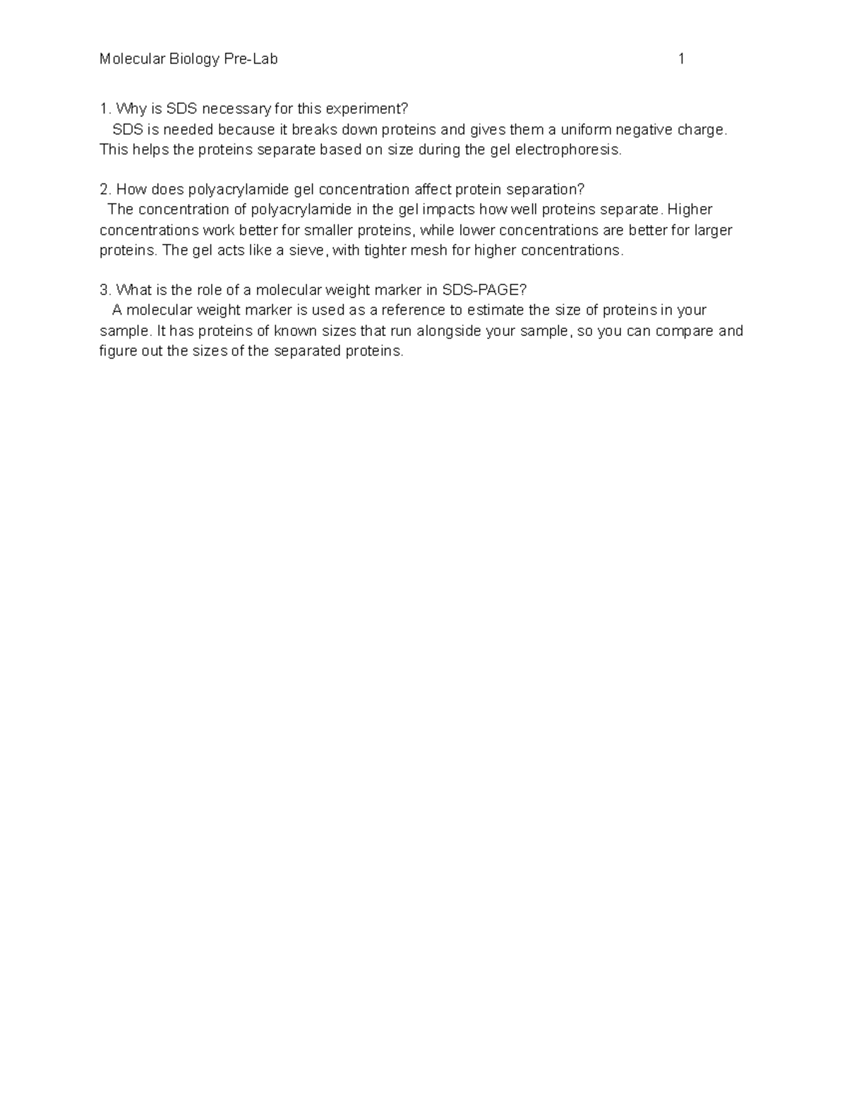 Molecular Bio Pre-Lab 1: SDS Role & Gel Concentration Effects - Studocu
