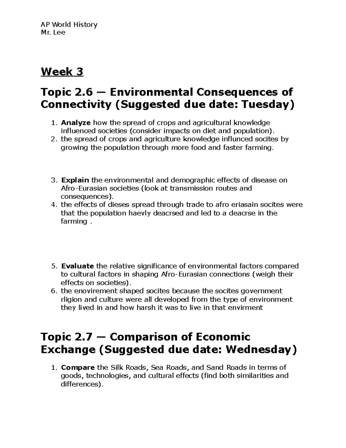 AP World History (APWH) Unit 2 Reading Guide: Environmental & Economic ...