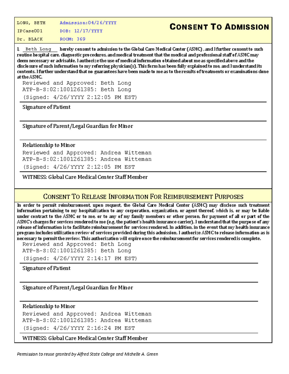 HCM 205 Patient Record: Admission & Treatment Summary for Beth Long ...