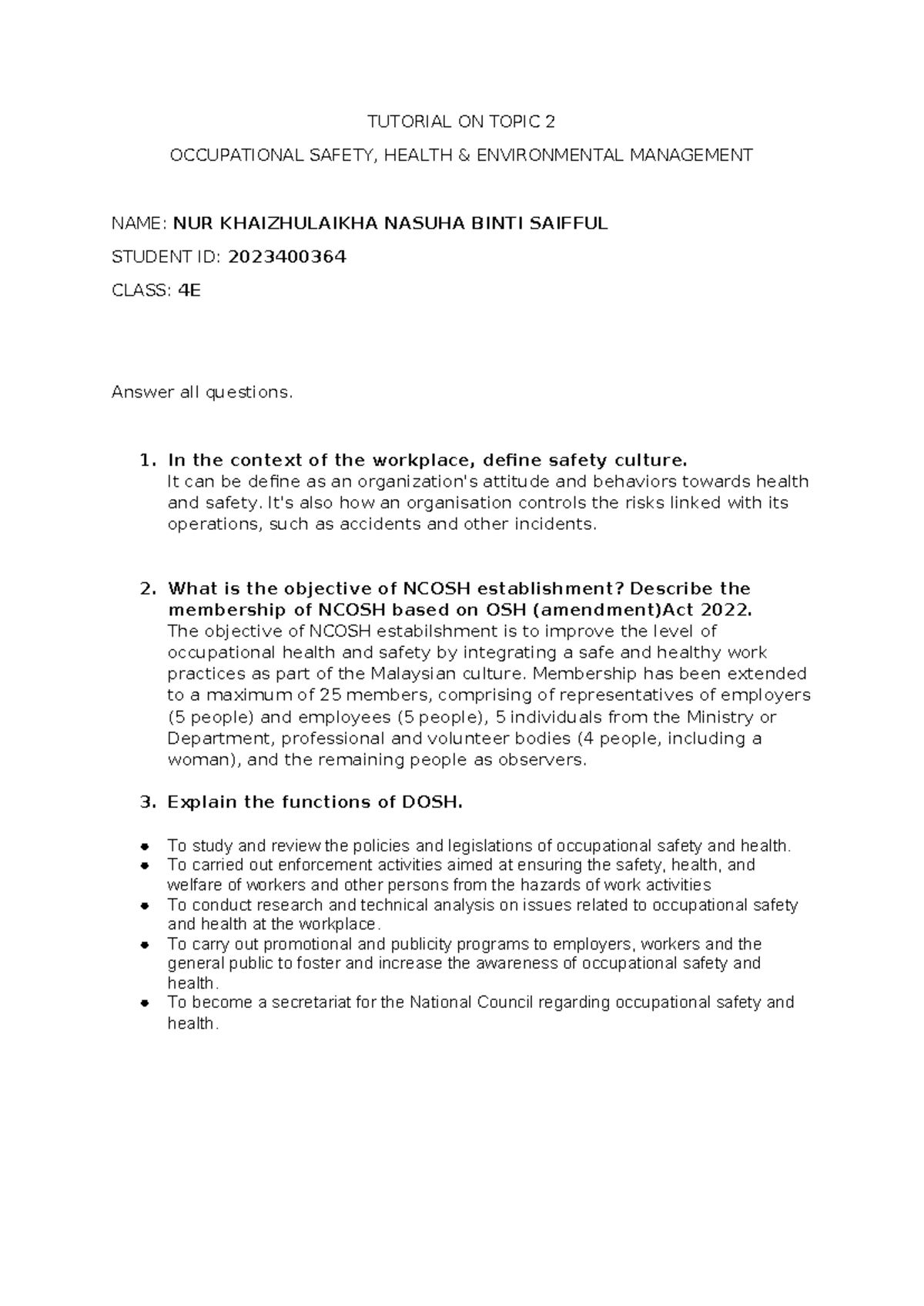 OSH 4E Tutorial on Occupational Safety and Health - Topic 2 - Studocu