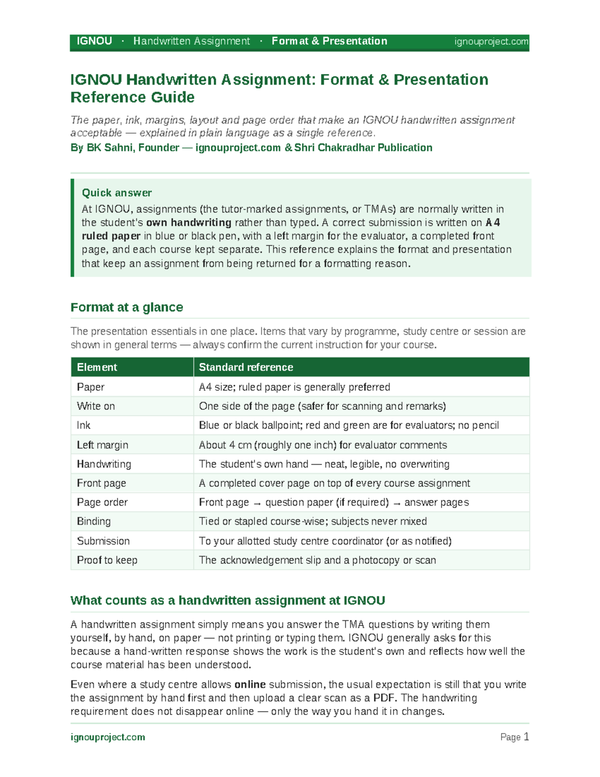 IGNOU Handwritten Assignment Format & Presentation Guide - Studocu