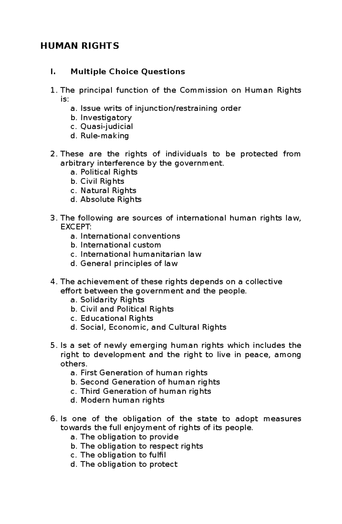 HUMR 101: Human Rights Multiple Choice Questions Review - Studocu
