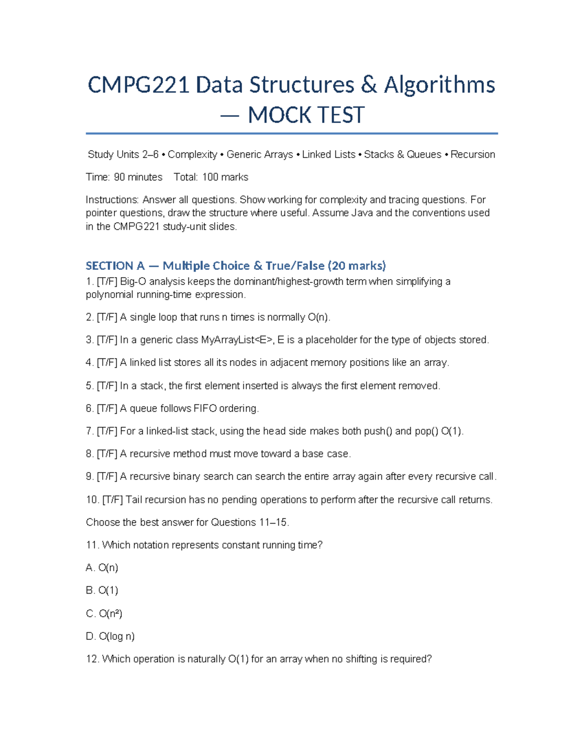CMPG221 Data Structures Algorithms MOCK TEST Study Guide - Studocu