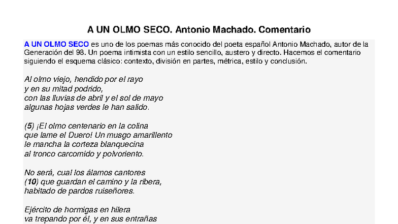 Comentario de Texto: A un Olmo Seco de Antonio Machado - Studocu