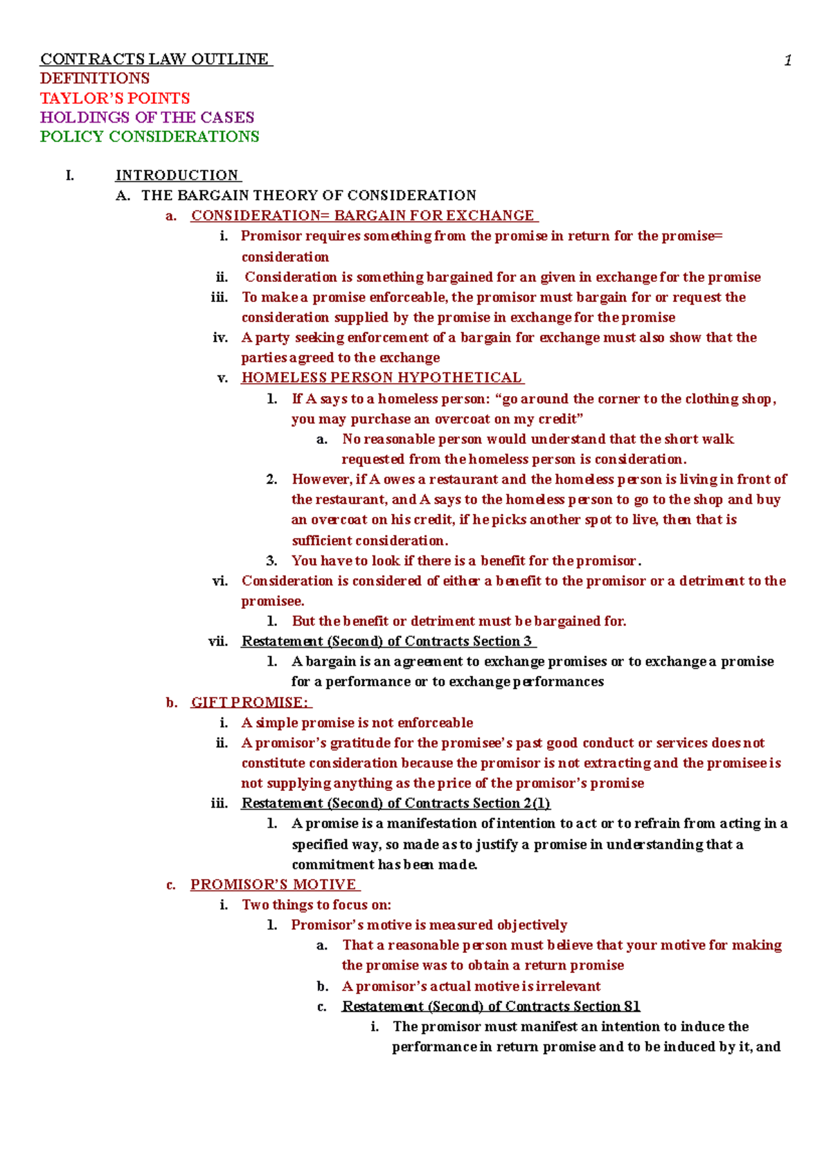 Contracts Outline I: Key Concepts and Cases Analysis - Studocu