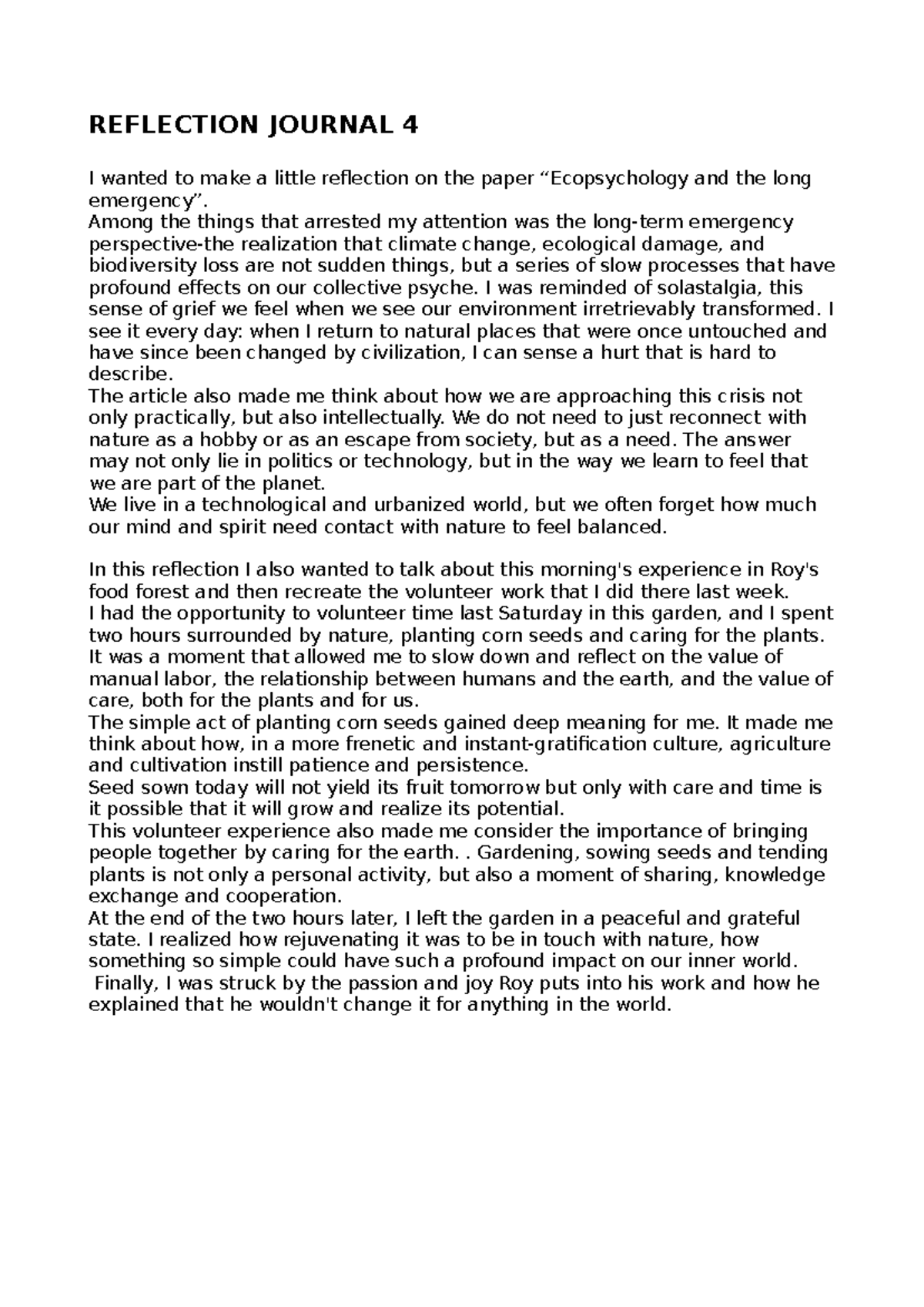 Midterm Reflection Journal on Climate Change and Nature Connection ...