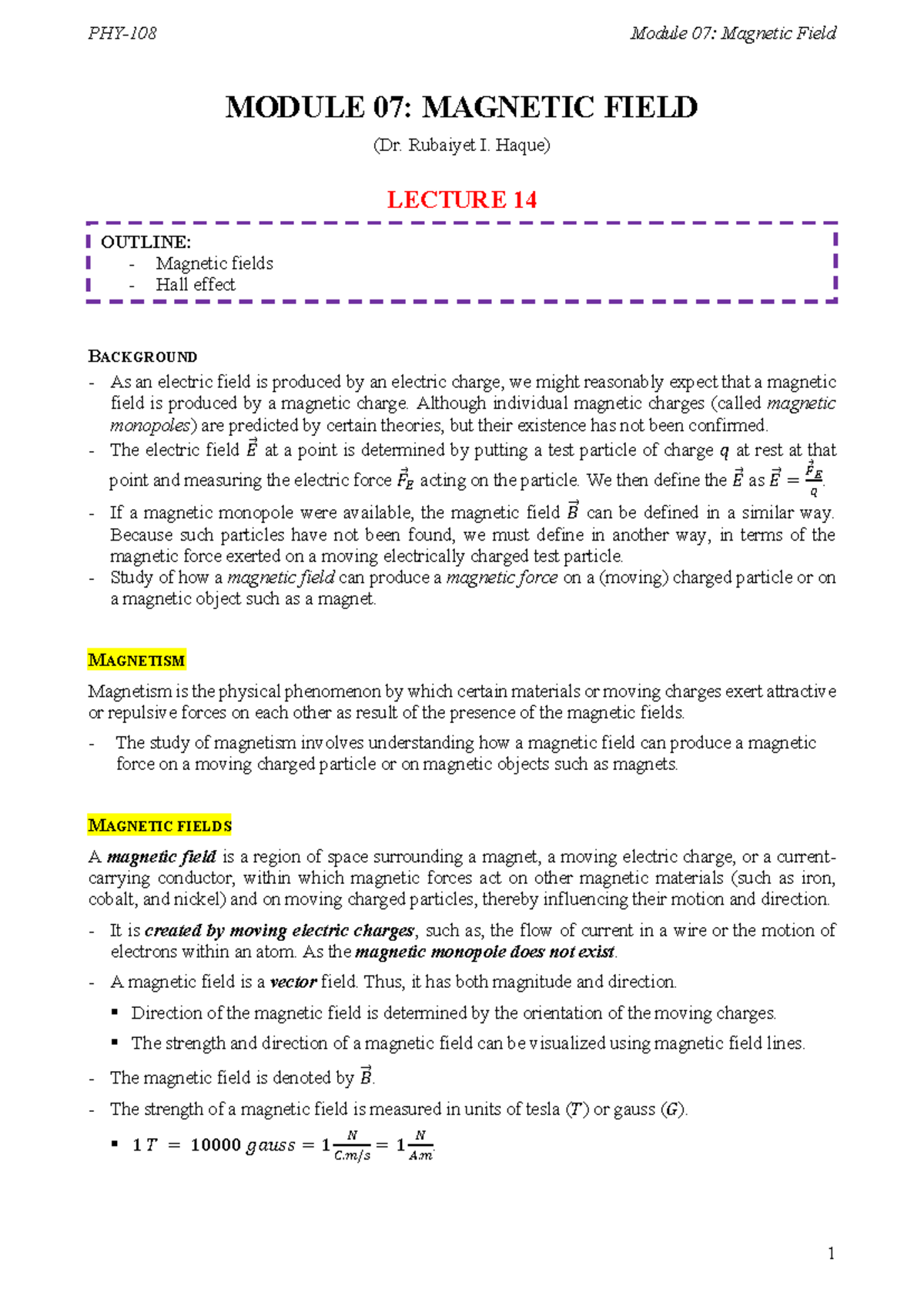 Lecture 14: Magnetic Field - Module 07 Overview and Key Concepts - Studocu