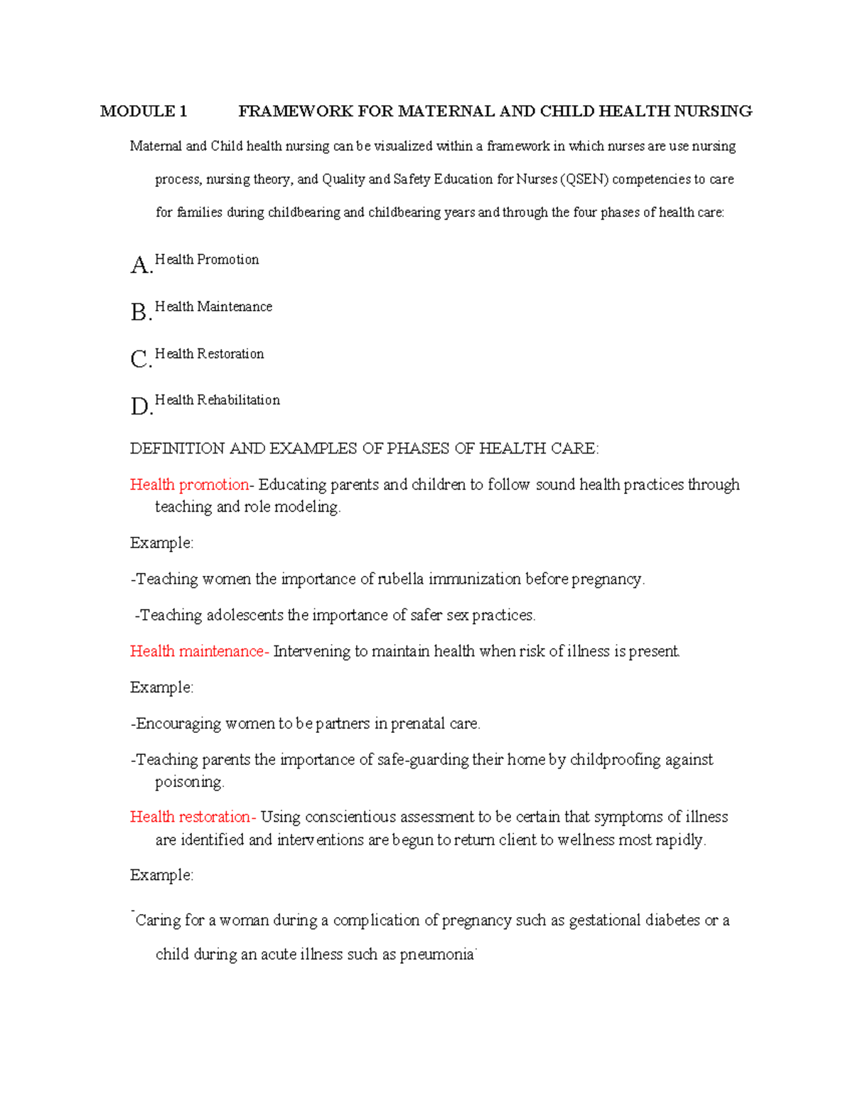 Framework for Maternal & Child Health Nursing (NUR 301) - Studocu