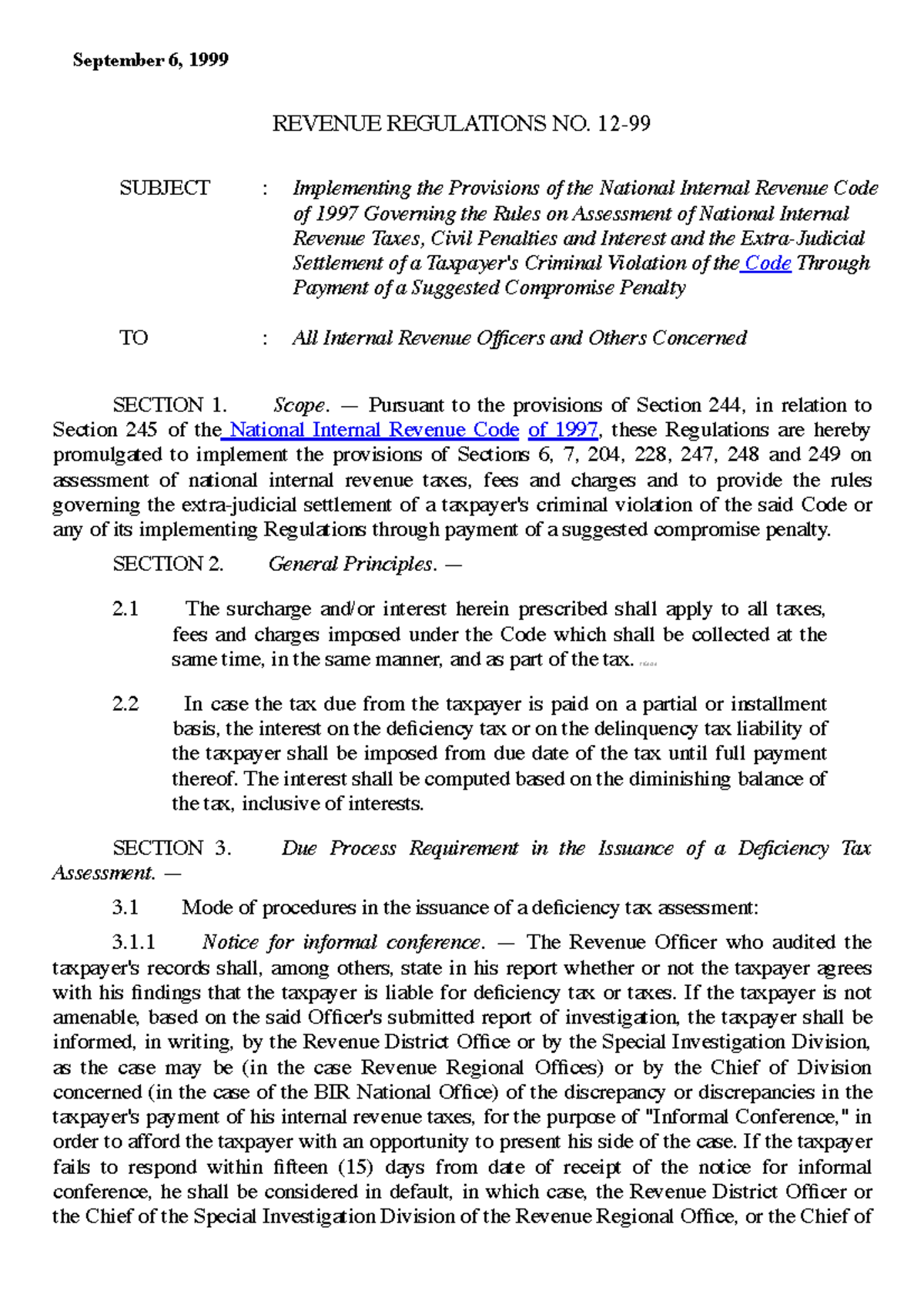 RR-12-99: Implementing Provisions of the National Internal Revenue Code ...