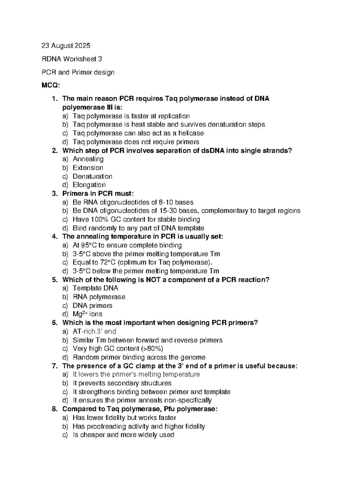 RDNA Worksheet 3 - PCR & Primer Design MCQs and Short Answers - Studocu