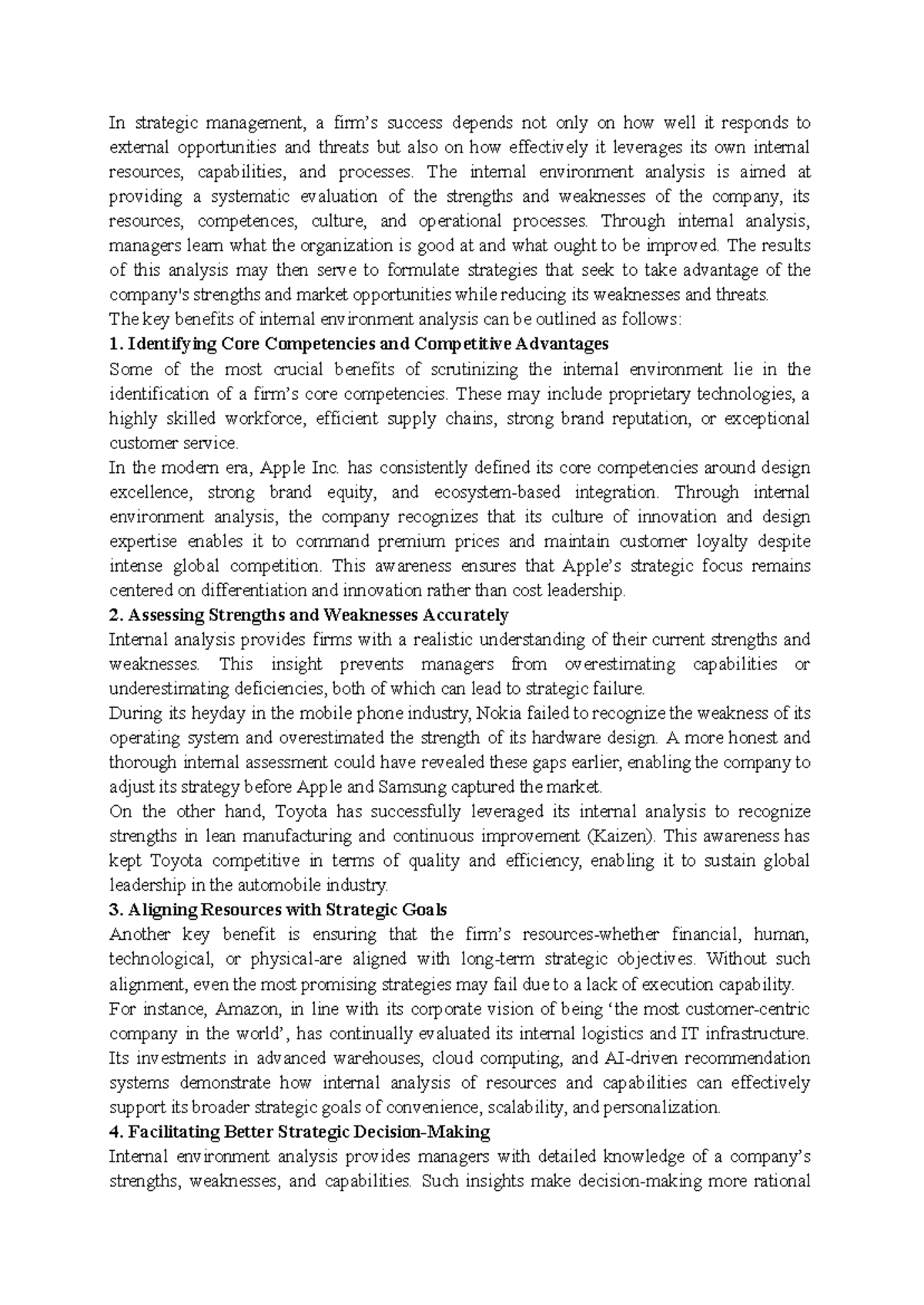 Strategic Management: Internal Environment Analysis - Individual ...
