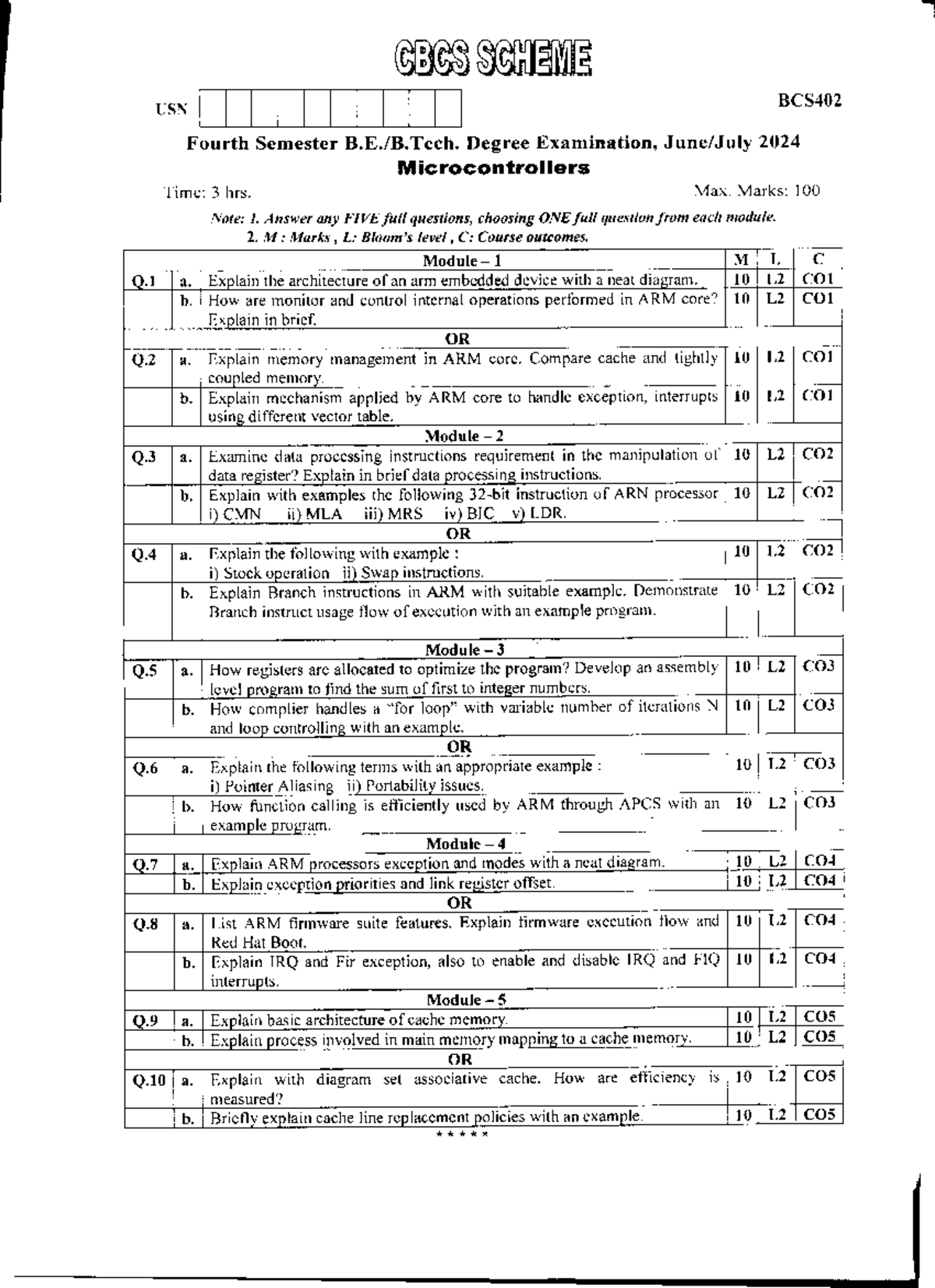BCS402 Fourth Semester Microcontrollers Exam PYQs (June-July 2024 ...