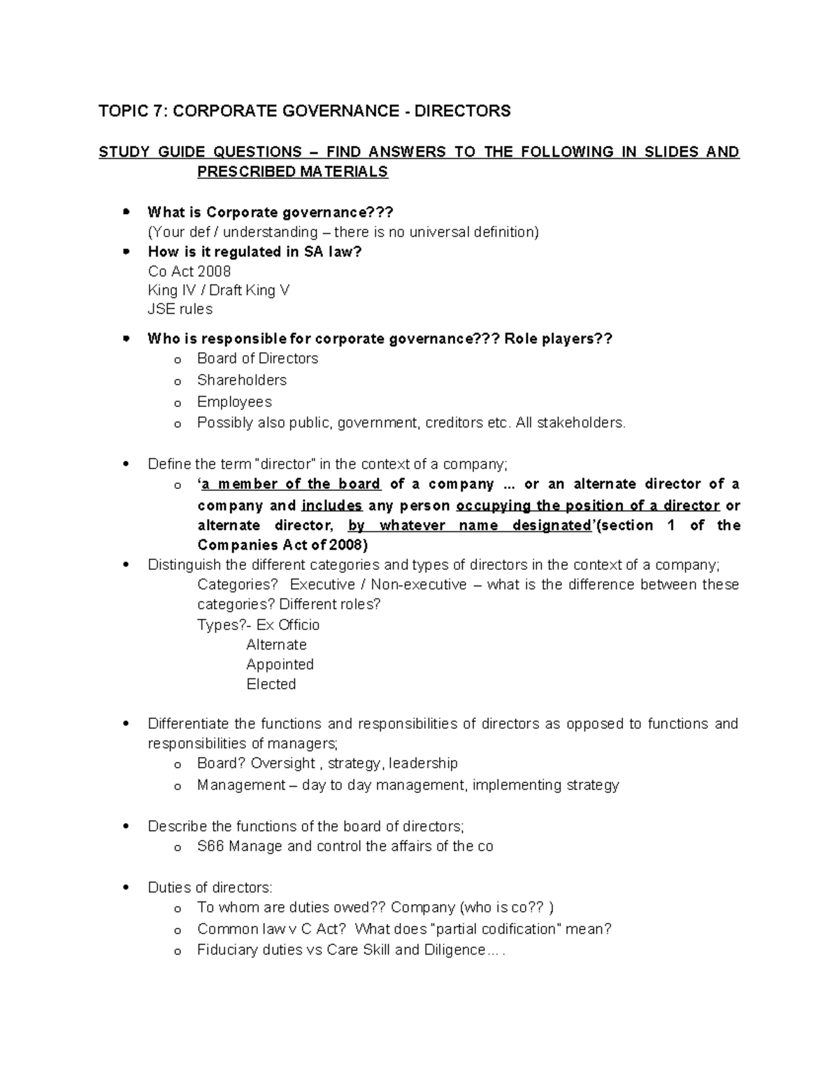 Topic 7: Corporate Governance Directors Study Guide & Key Questions ...