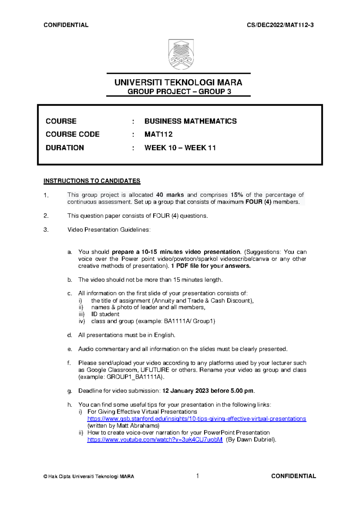 Group Project Report: Business Mathematics MAT112 DEC2022 - Studocu
