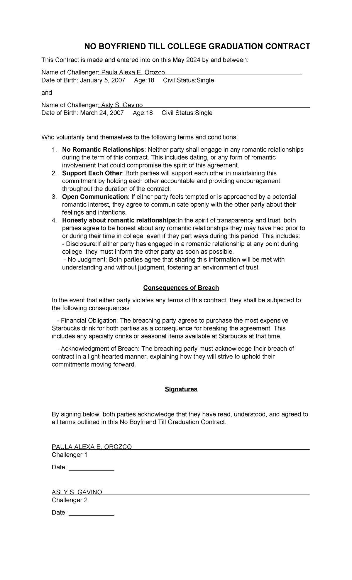 NO Boyfriend Till College Graduation Agreement - May 2024 - Studocu