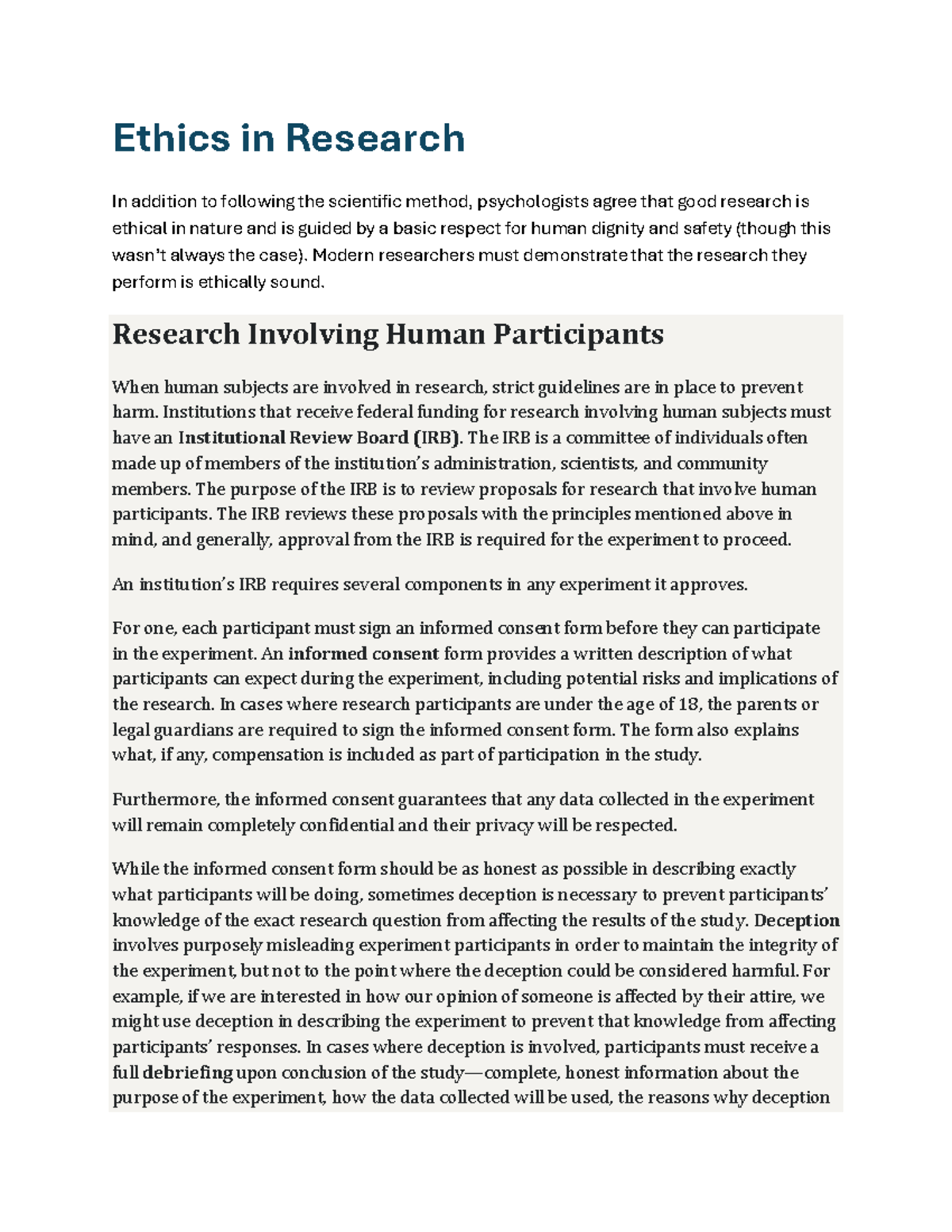 Ethics in Psychological Research (PSY 101): Guidelines for Human ...
