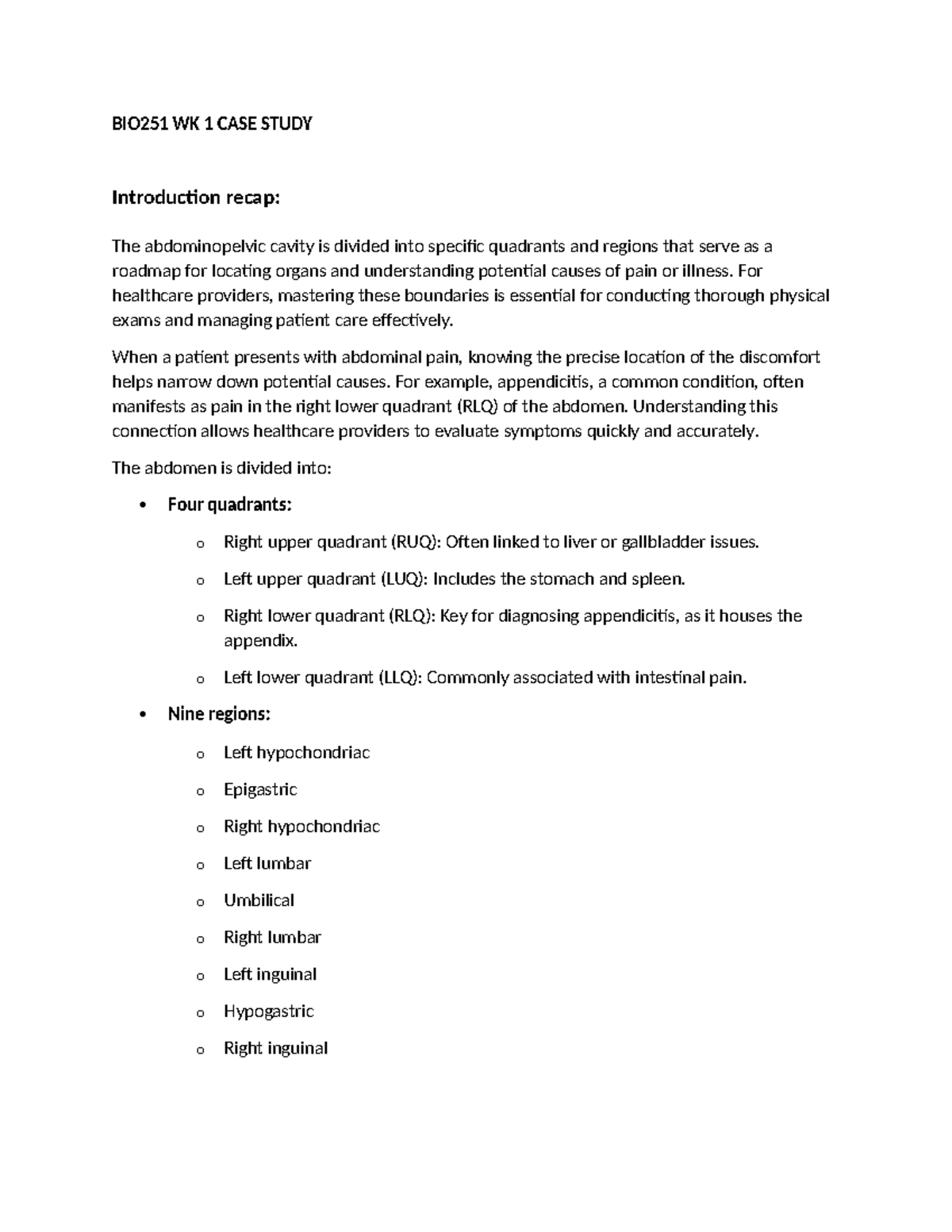 BIO251 WK 1 CASE STUDY: Understanding Abdominopelvic Quadrants in ...