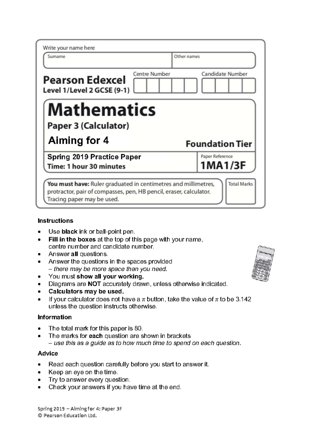 Aiming for 4: Spring 2019 Practice Paper 3F Instructions and Questions ...