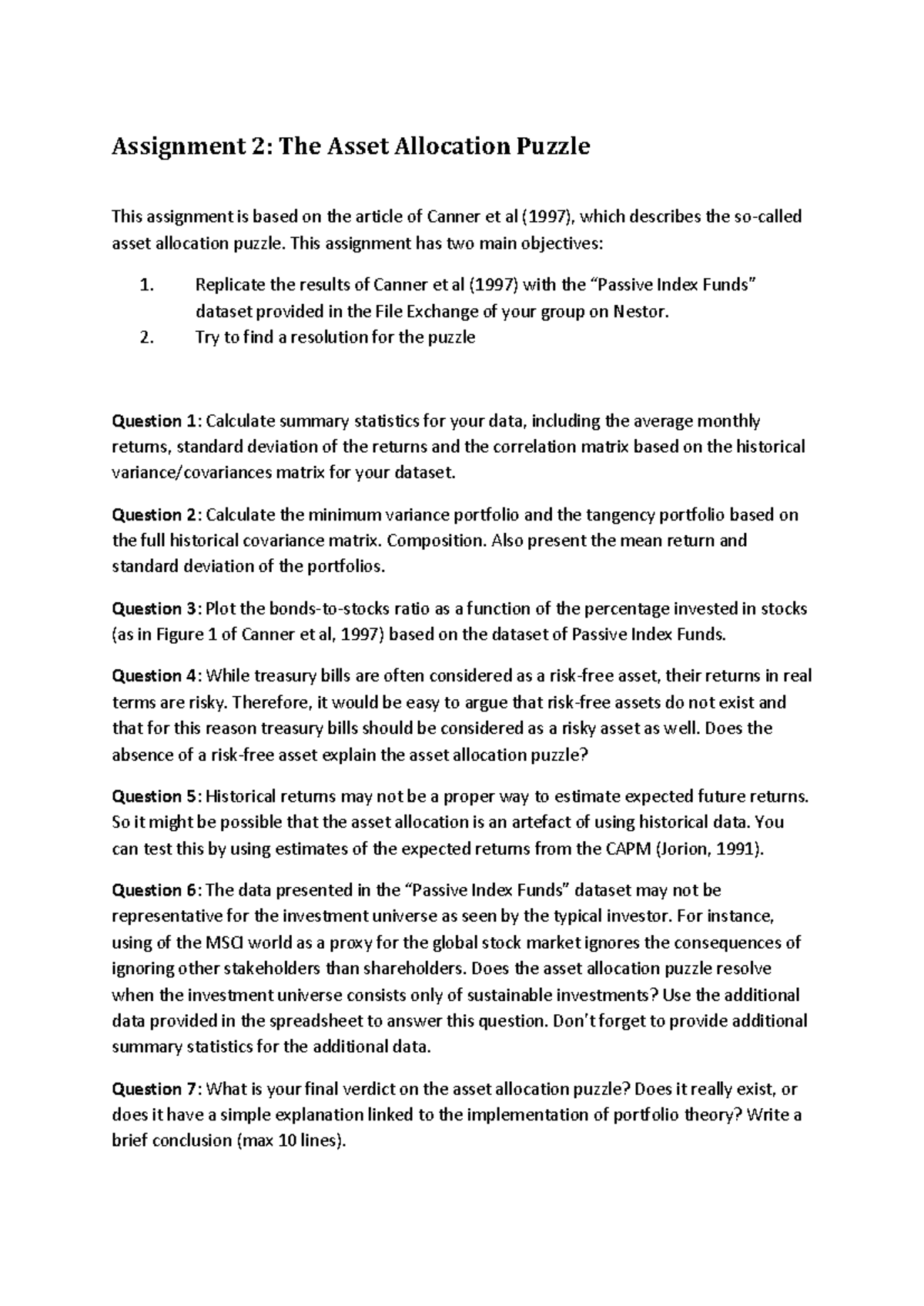 Assignment 2: Portfolio Theory and Asset Allocation Analysis - Studeersnel