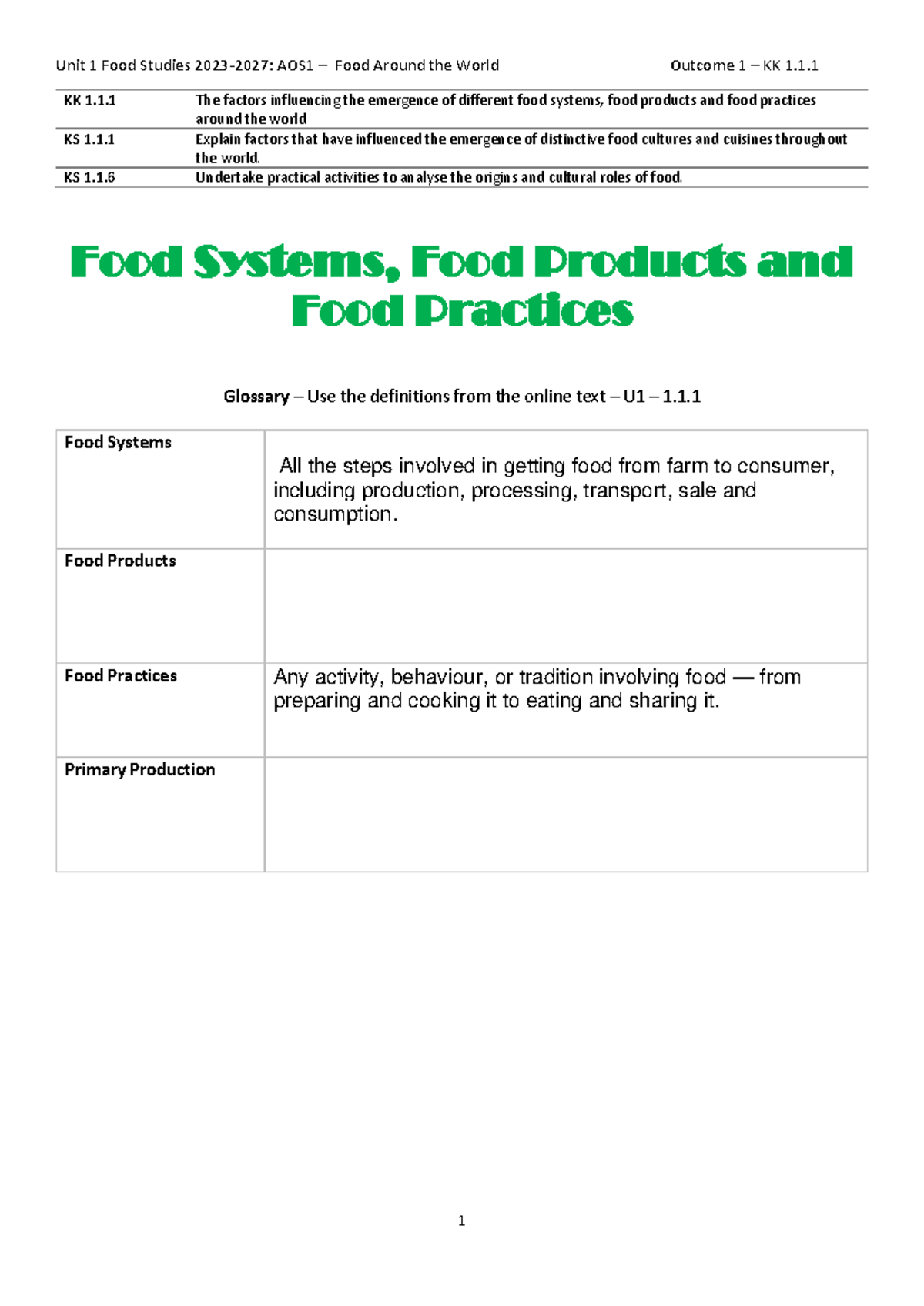 Unit 1 Food Studies AOS1: Exploring Global Food Systems and Practices ...