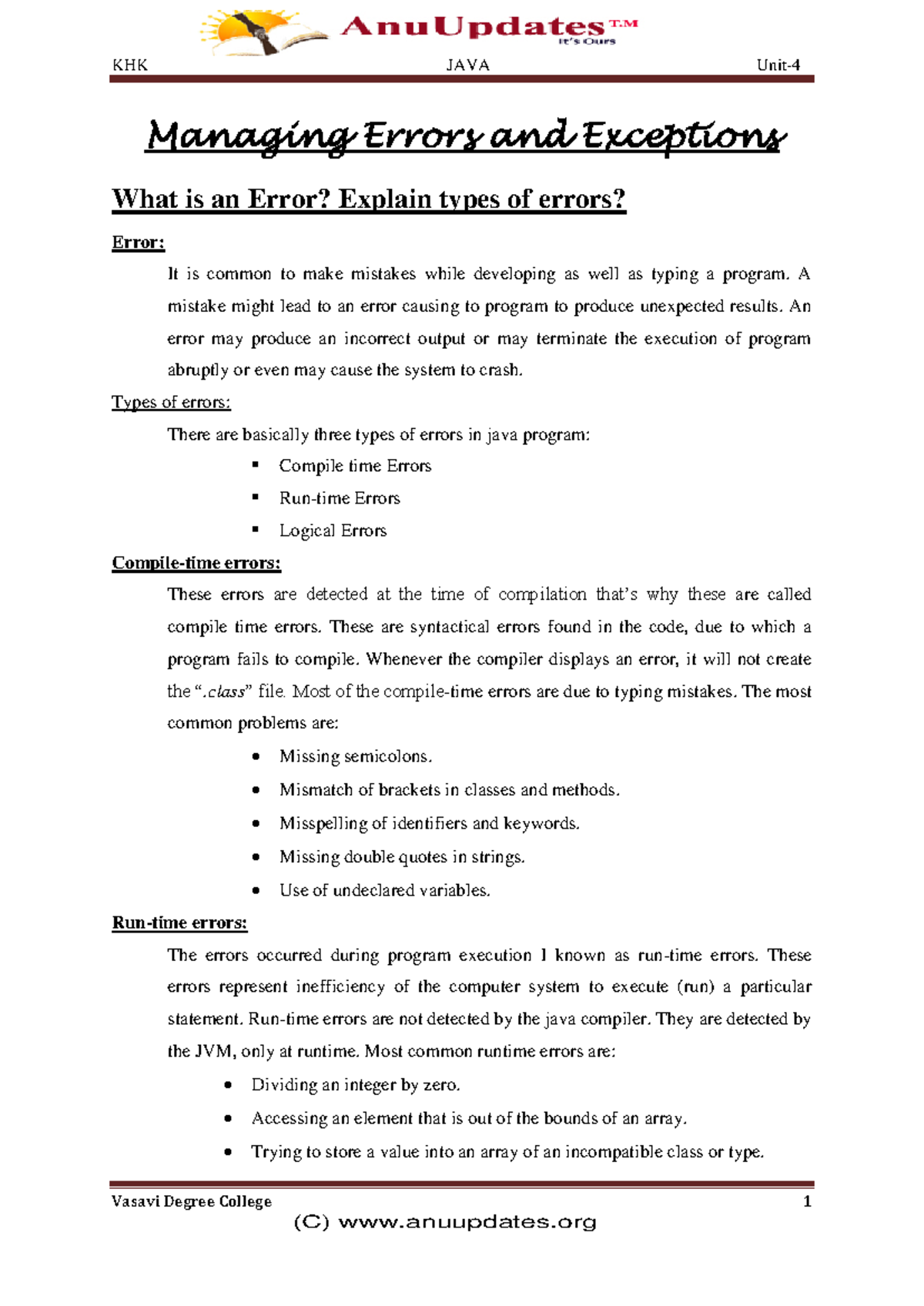 Junit 4 - Java 3rd Sem Unit 4: Errors, Exceptions, and Thread ...