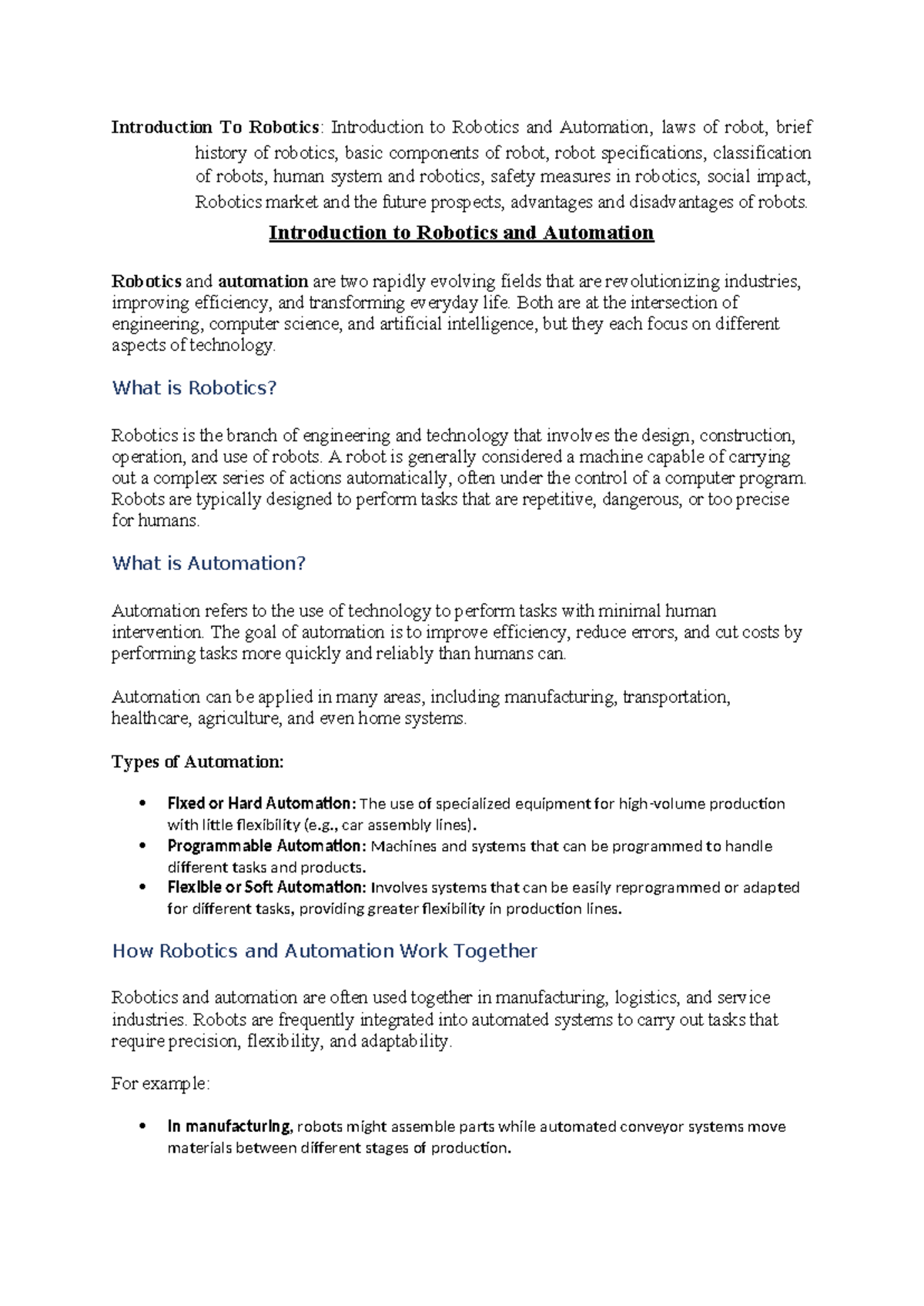 Unit - I - Complete Notes on Robotics and Automation: Concepts ...