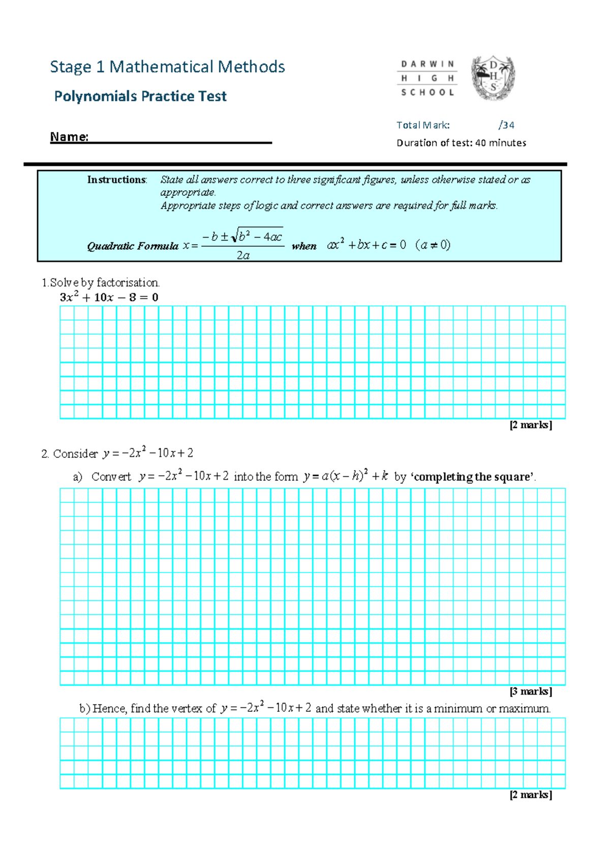 Stage 1 Mathematical Methods: Polynomial Practice Test - Studocu