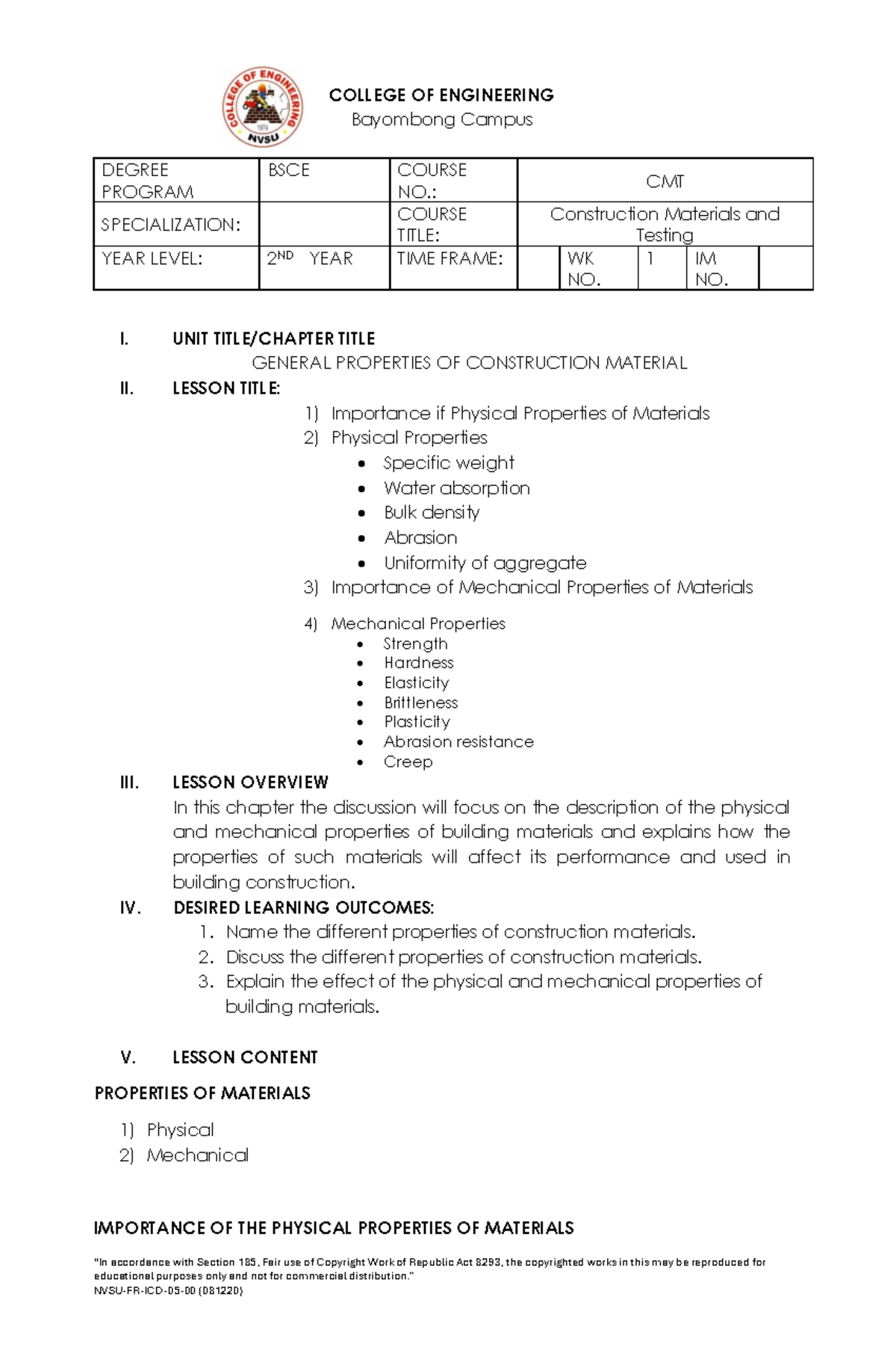 CMT 2nd Year Module: Properties of Construction Materials - Studocu