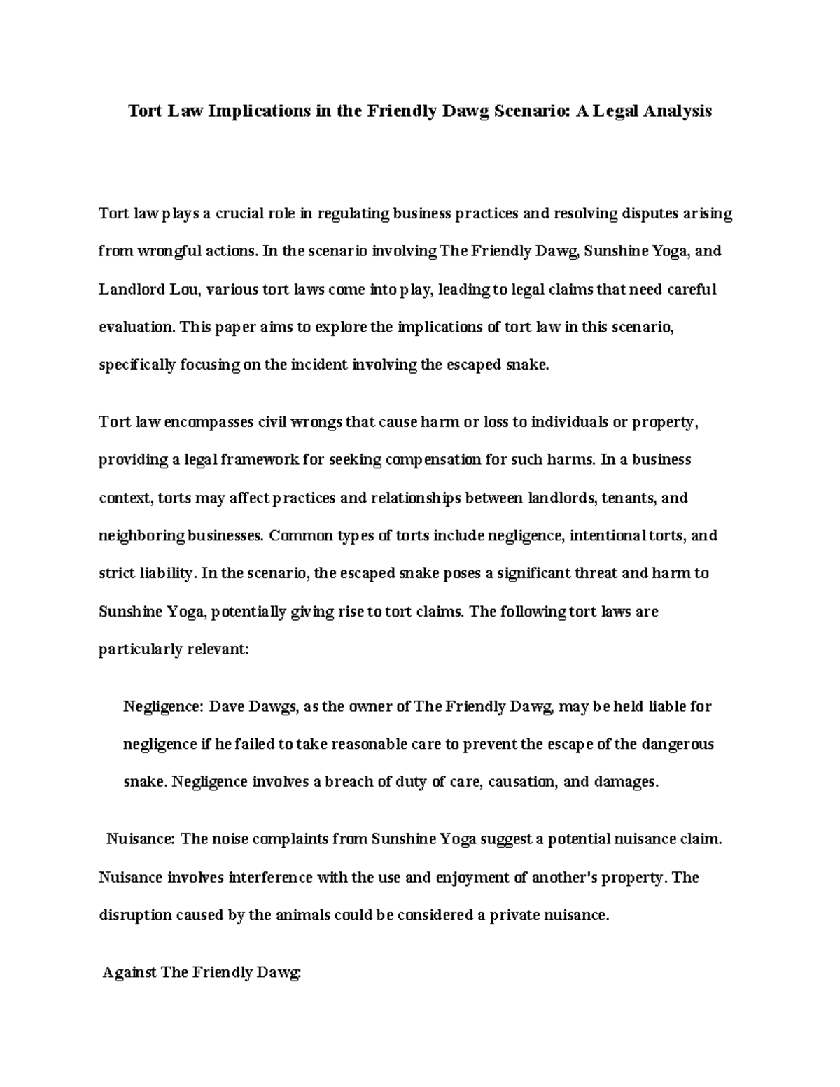 View of Tort Law Analysis in the Friendly Dawg Case Study: Negligence ...
