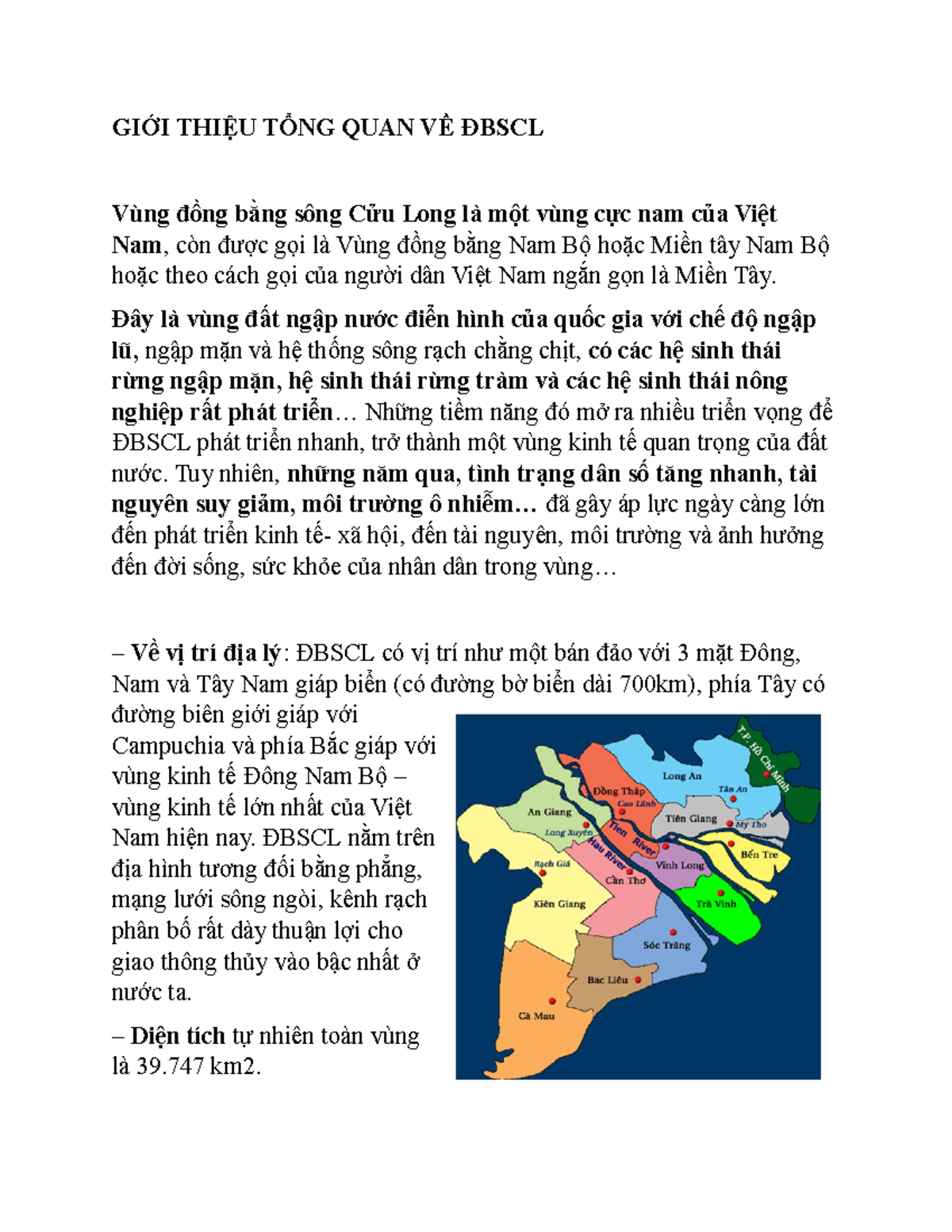 TỔNG QUAN VỀ ĐỒNG BẰNG SÔNG CỬU LONG (ĐBSCL) - Studocu