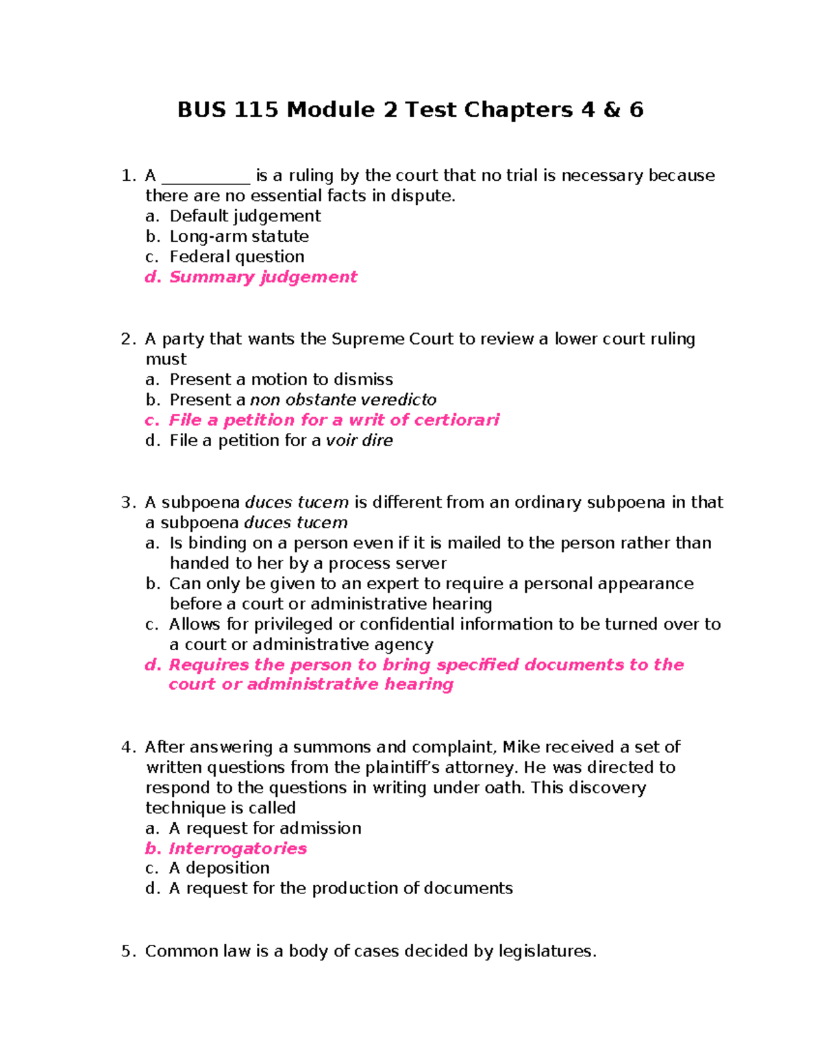 BUS 115 Module 2 TEST Chs 4 & 6 - BUS 115 Module 2 Test Chapters 4 & 6 ...
