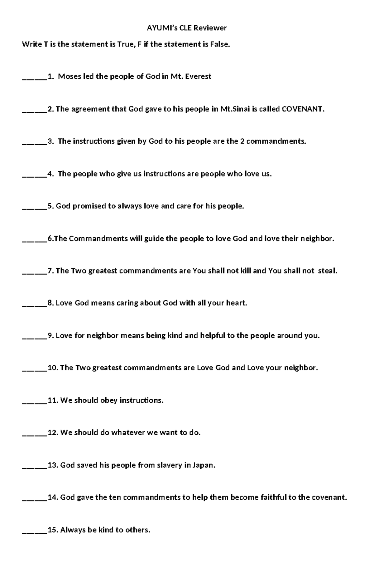 3rd CLE - reviewer - AYUMI’s CLE Reviewer Write T is the statement is ...
