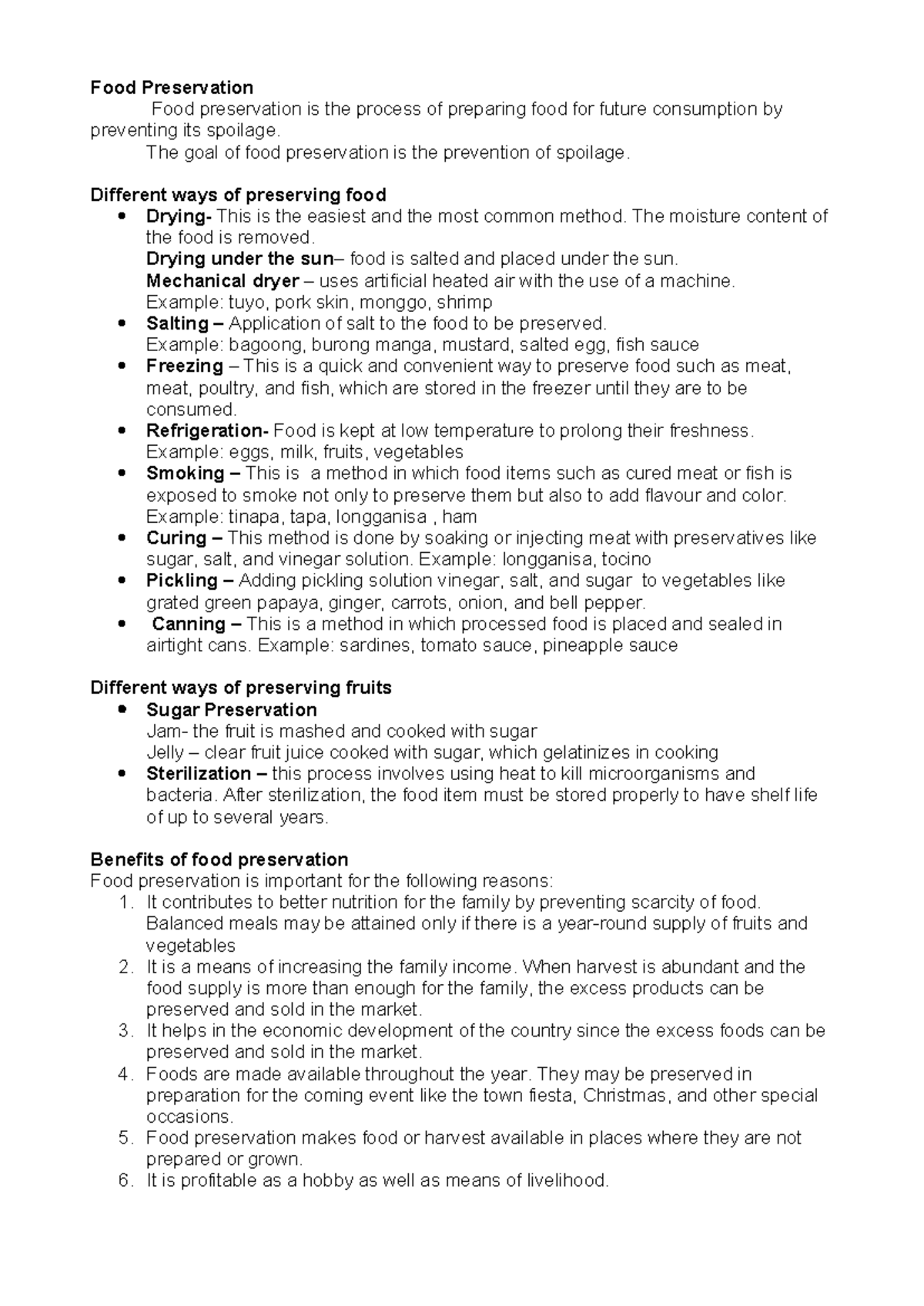 Food Preservation Methods and Benefits - TLE - Studocu