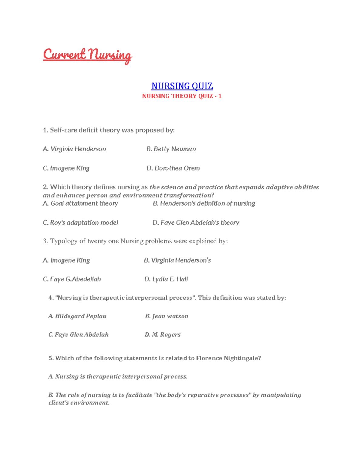 NURSING THEORIES QUIZ REVIEWER - TFN EXAM PREP - Studocu