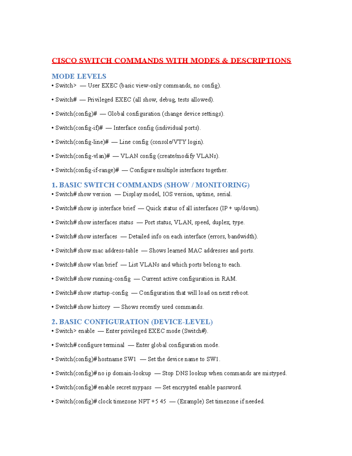 CISCO SWITCH COMMANDS & MODES DESCRIPTIONS (CIS 101) - Studocu