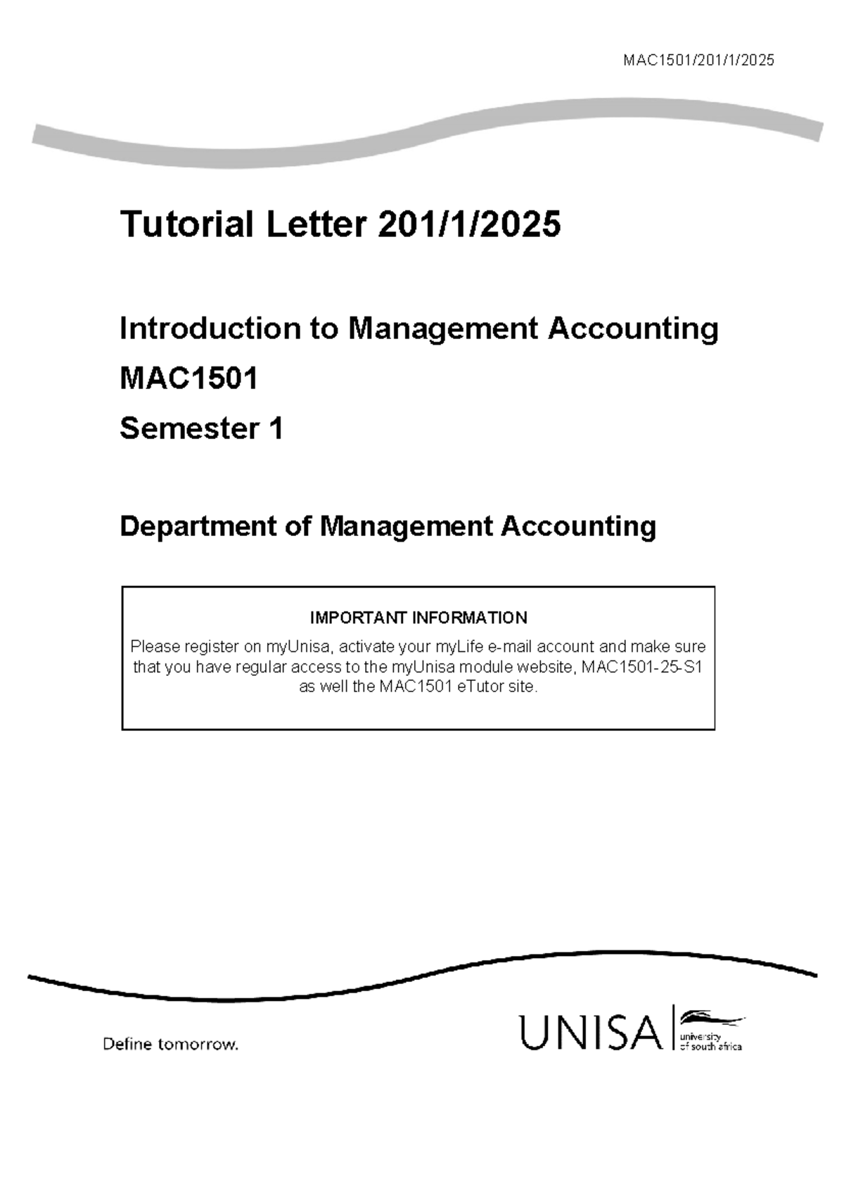 MAC1501 2025 Tutorial Letter: Management Accounting Overview - Studocu