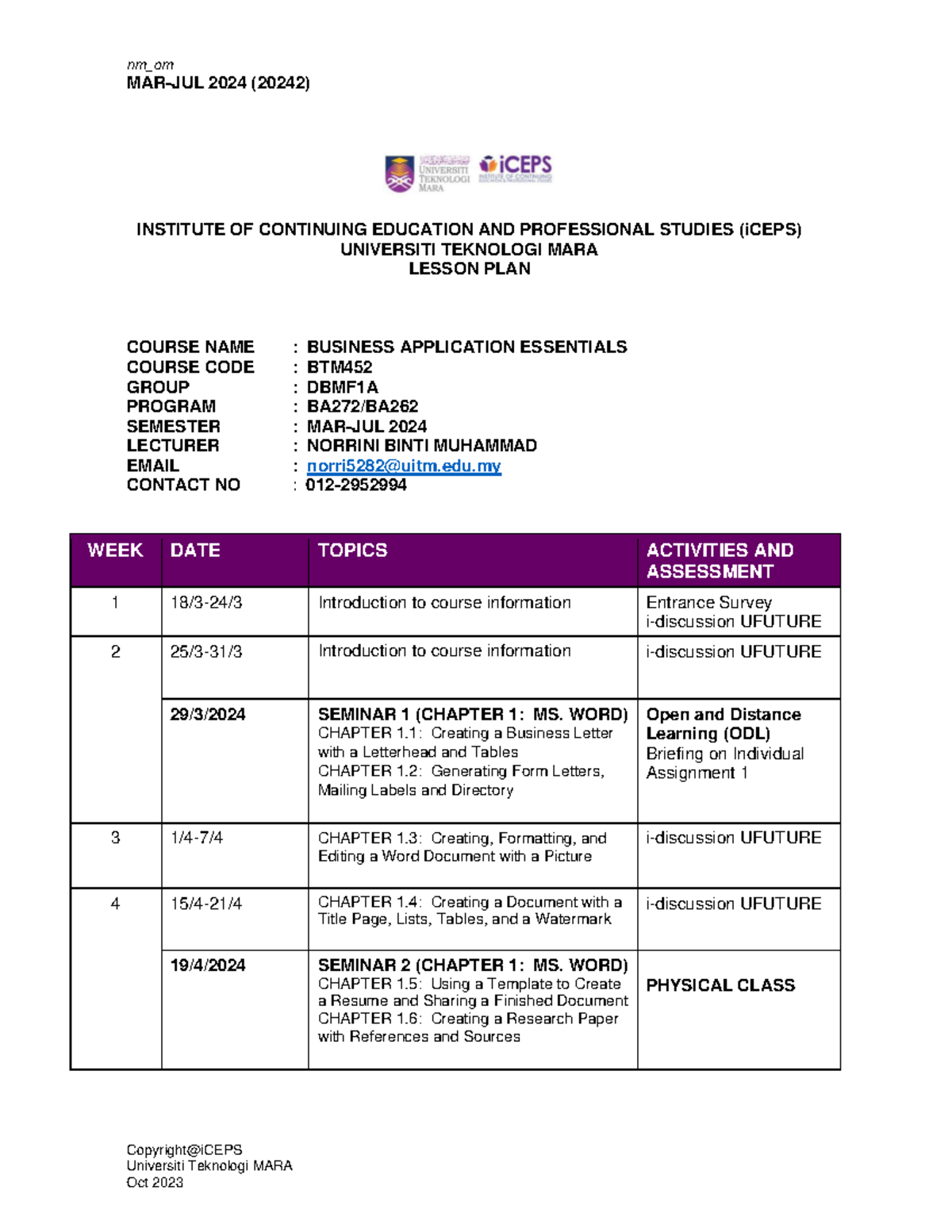 BTM452 - Business Application Essentials Lesson Plan (MAR-JUL 2024 ...
