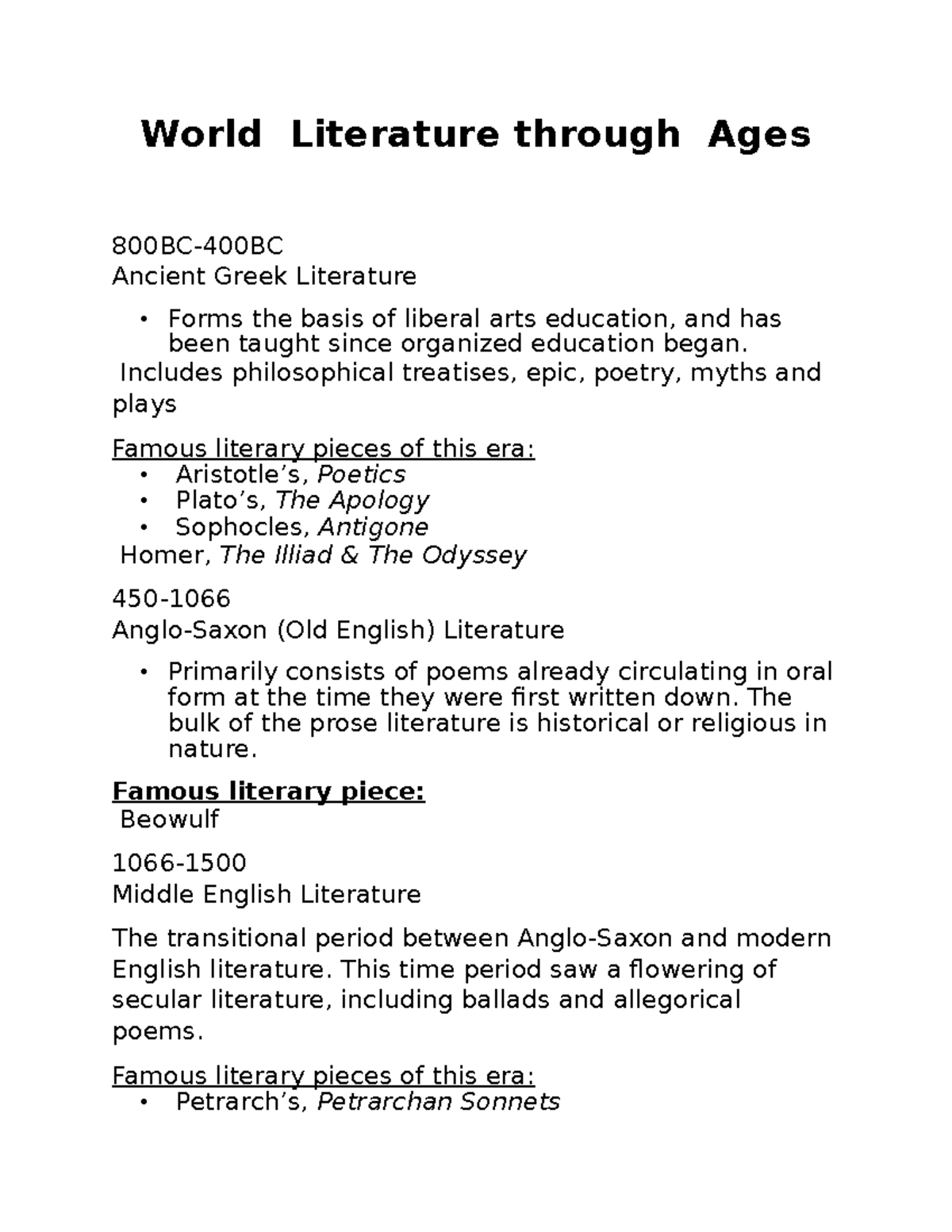 World Literature Overview: Key Eras and Influential Works - Studocu