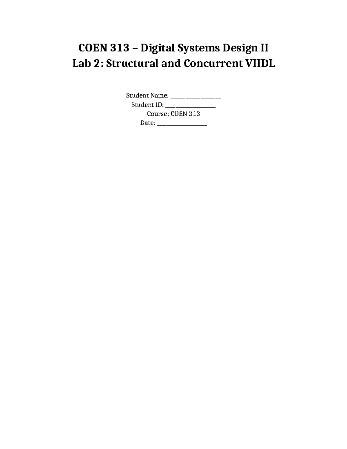 COEN 313 Lab 2 Report: Structural & Concurrent VHDL Design - Studocu