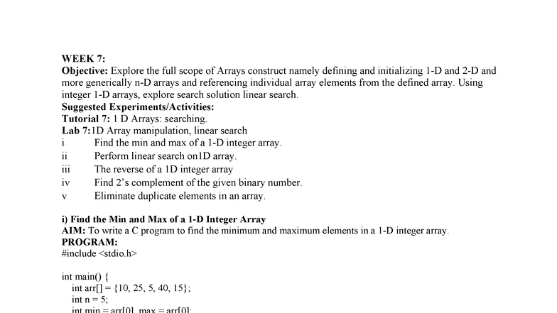 C Programming Lab Exercises: Arrays & Strings (W7 & W8) - Studocu
