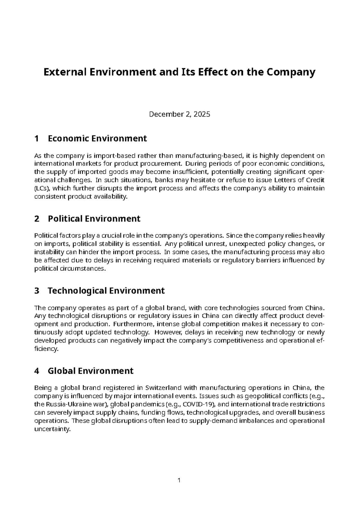 External Environment Report: Impact on Company Operations - Studocu