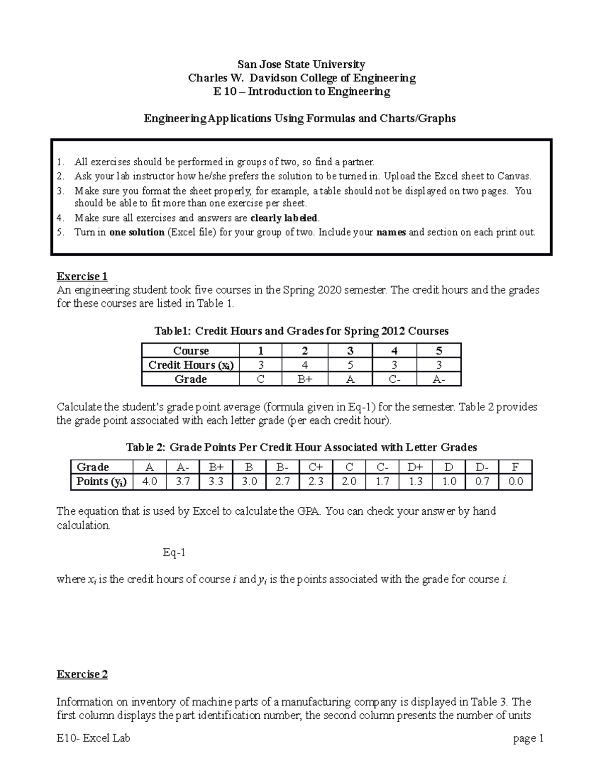E10 Engineering Excel Lab Exercises F22 - Group Assignments - Studocu
