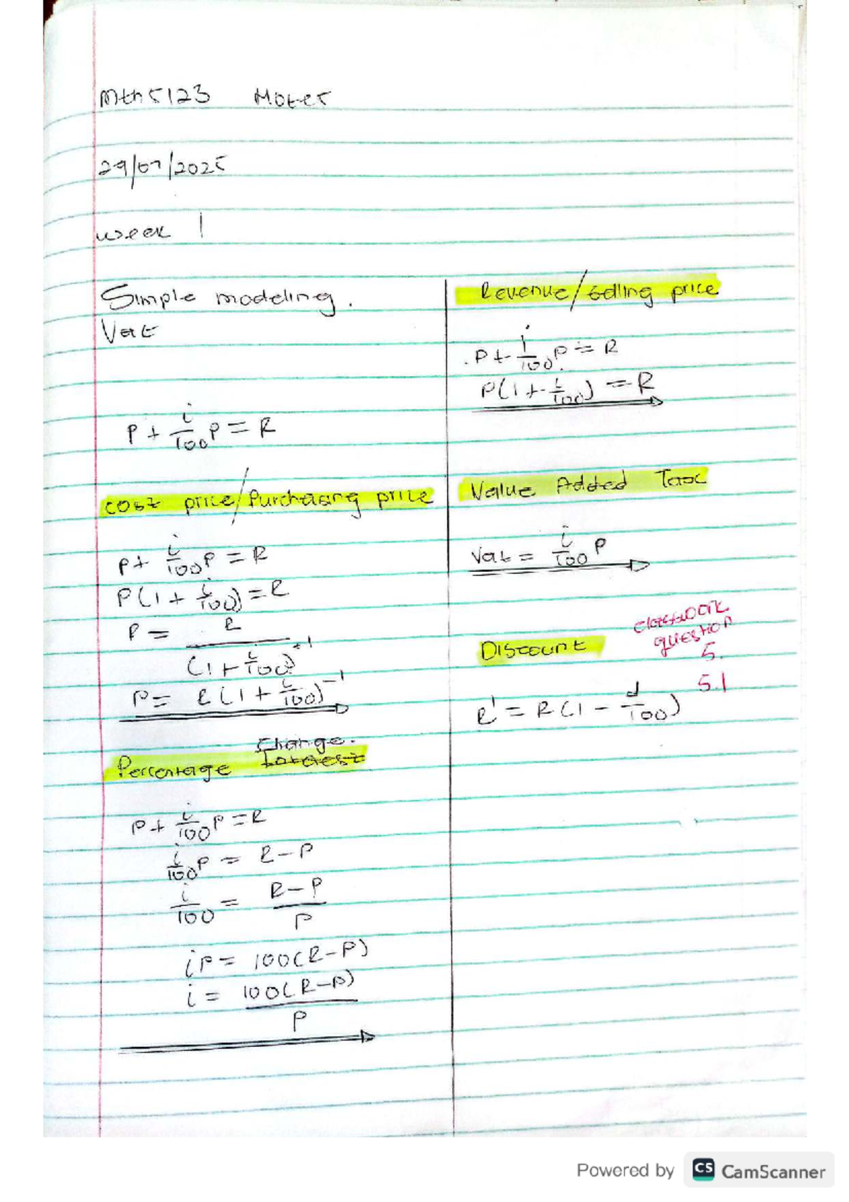 MTH5123 Week 1 Notes: Simple Modeling & Matrix Operations - Studocu