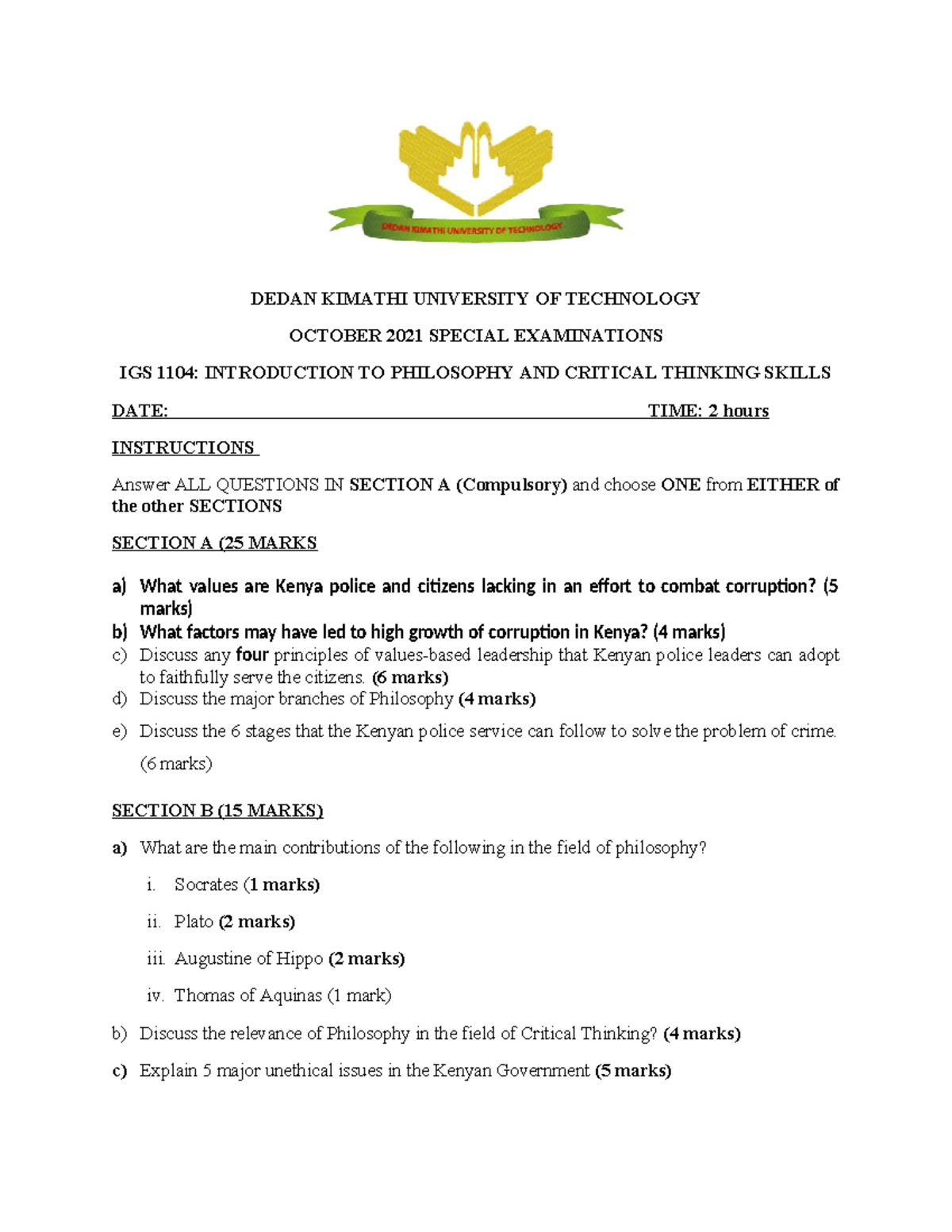 IGS 1104: Special Exam on Philosophy & Critical Thinking Skills - Studocu