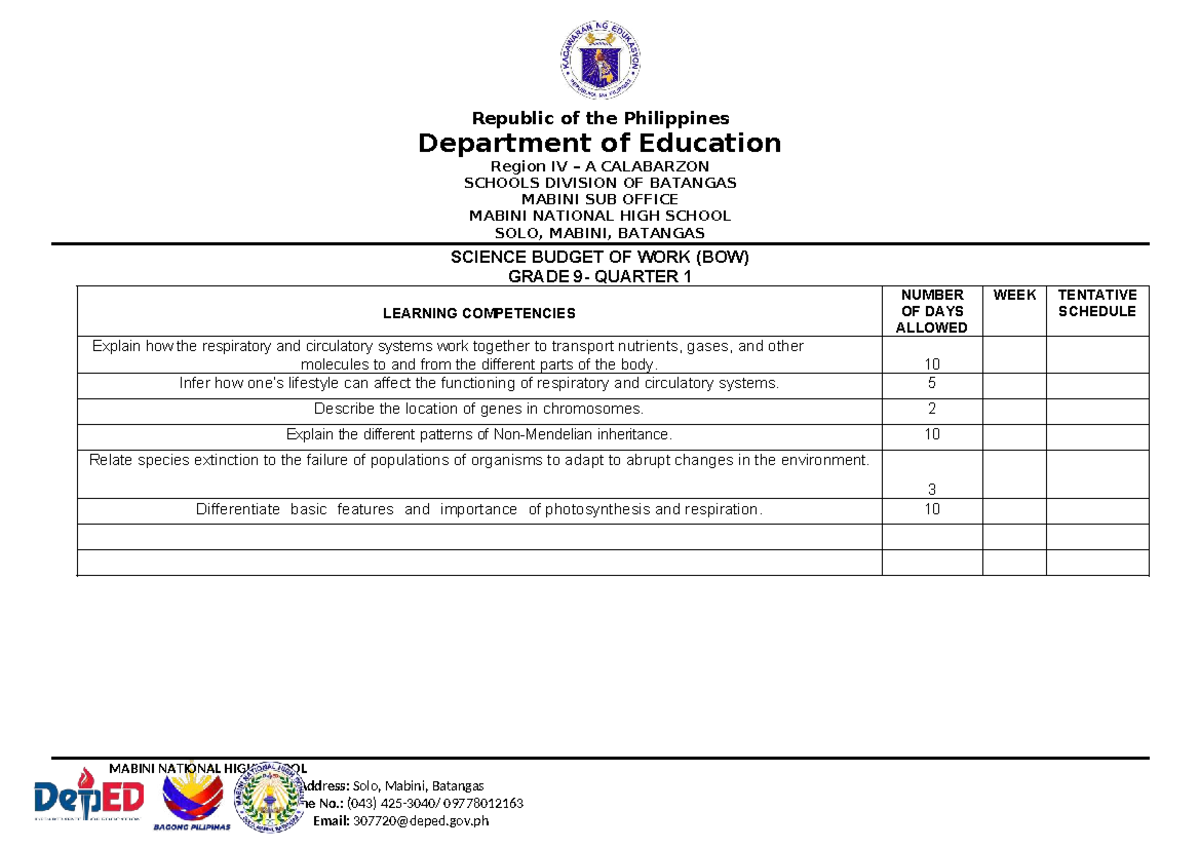 BOW 2025-2026: Science Grade 10 Learning Competencies - Studocu
