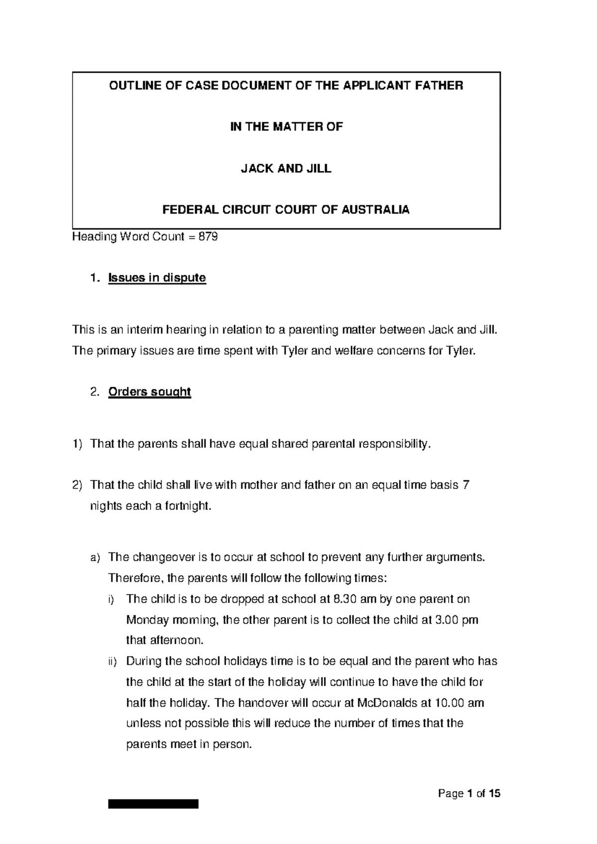 Assessment - Case Outline example - OUTLINE OF CASE DOCUMENT OF THE ...